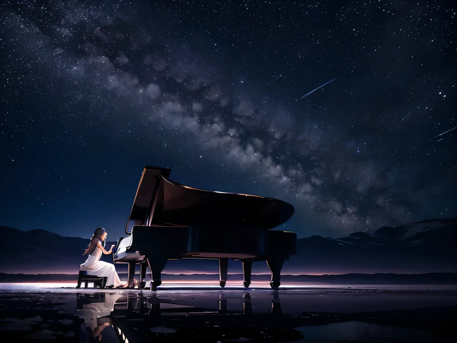 Dans le paysage de réflexion du ciel étoilé du Salar de Uyuni、femme jouant du piano