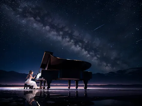 In the starry sky reflection landscape of Salar de Uyuni、woman playing the piano