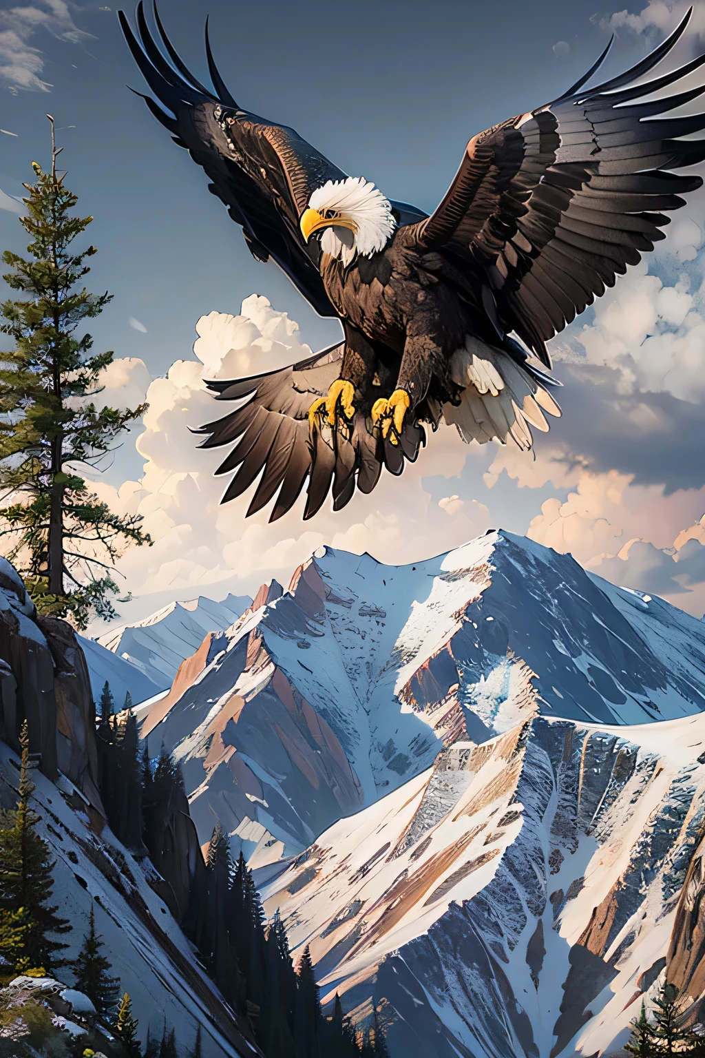 A life-like picture of a proud majestic American Bald Eagle in flight over the top of a mountain. A bold, proud American flag flies in the background. dynamic lighting, bold lines
