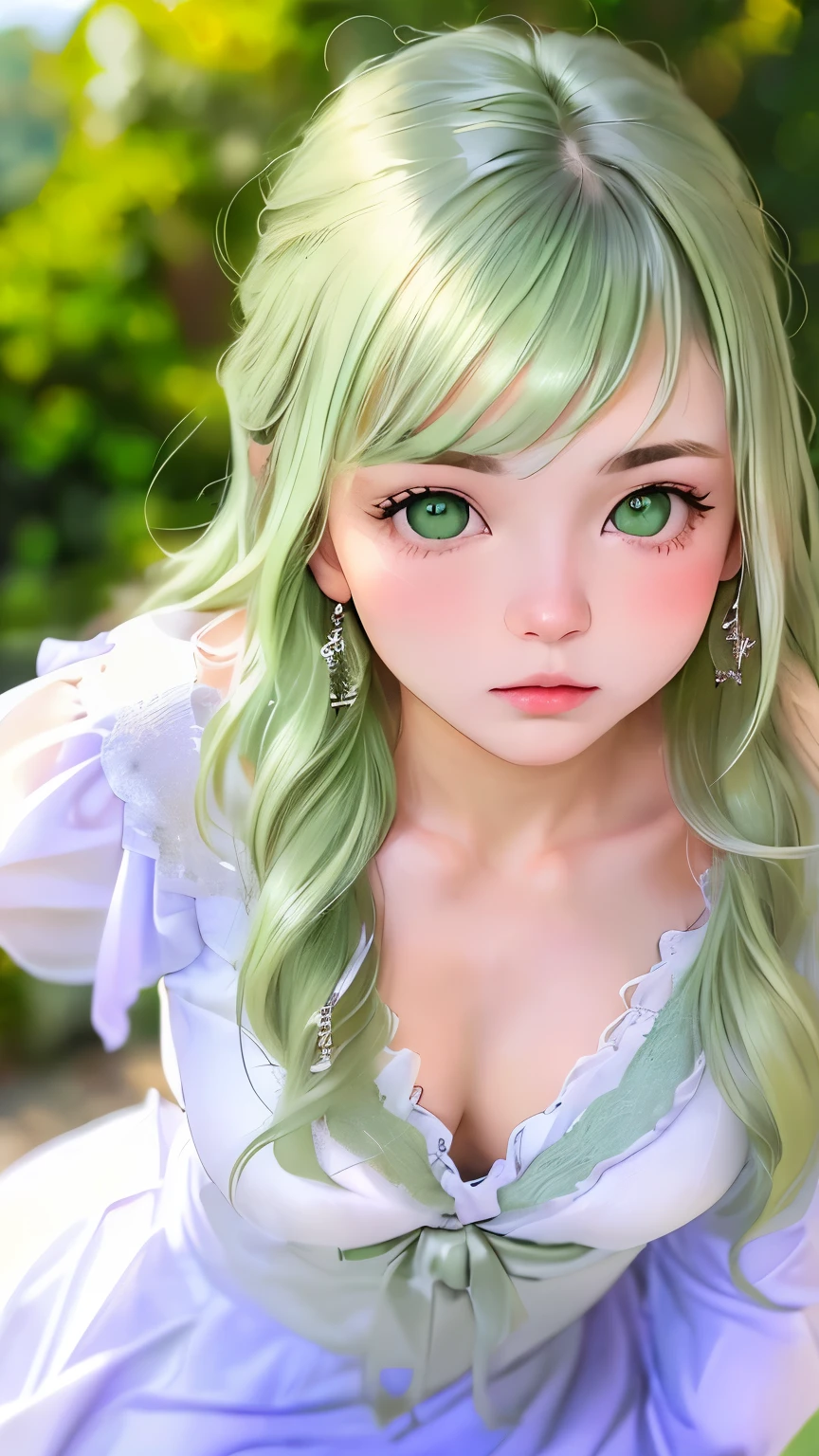 Cute 18 year old woman in Europe、Fuka Koshiba、(((adult charm)))、(((attractive light green eyes)))、natural look、Attractive silver hair、beautiful eyes、(((perfect beauty)))、Silky ash blonde、slender body、attractive breasts、smooth lips、thin eyebrows、straight hair、Attractive and beautiful dresses、Natural light、(((No makeup)))、cute pose、earrings、blurred background、outdoors、(((Expression of complex beauty)))、50mm lens、Photographed by a professional photographer、Portrait、pull photo