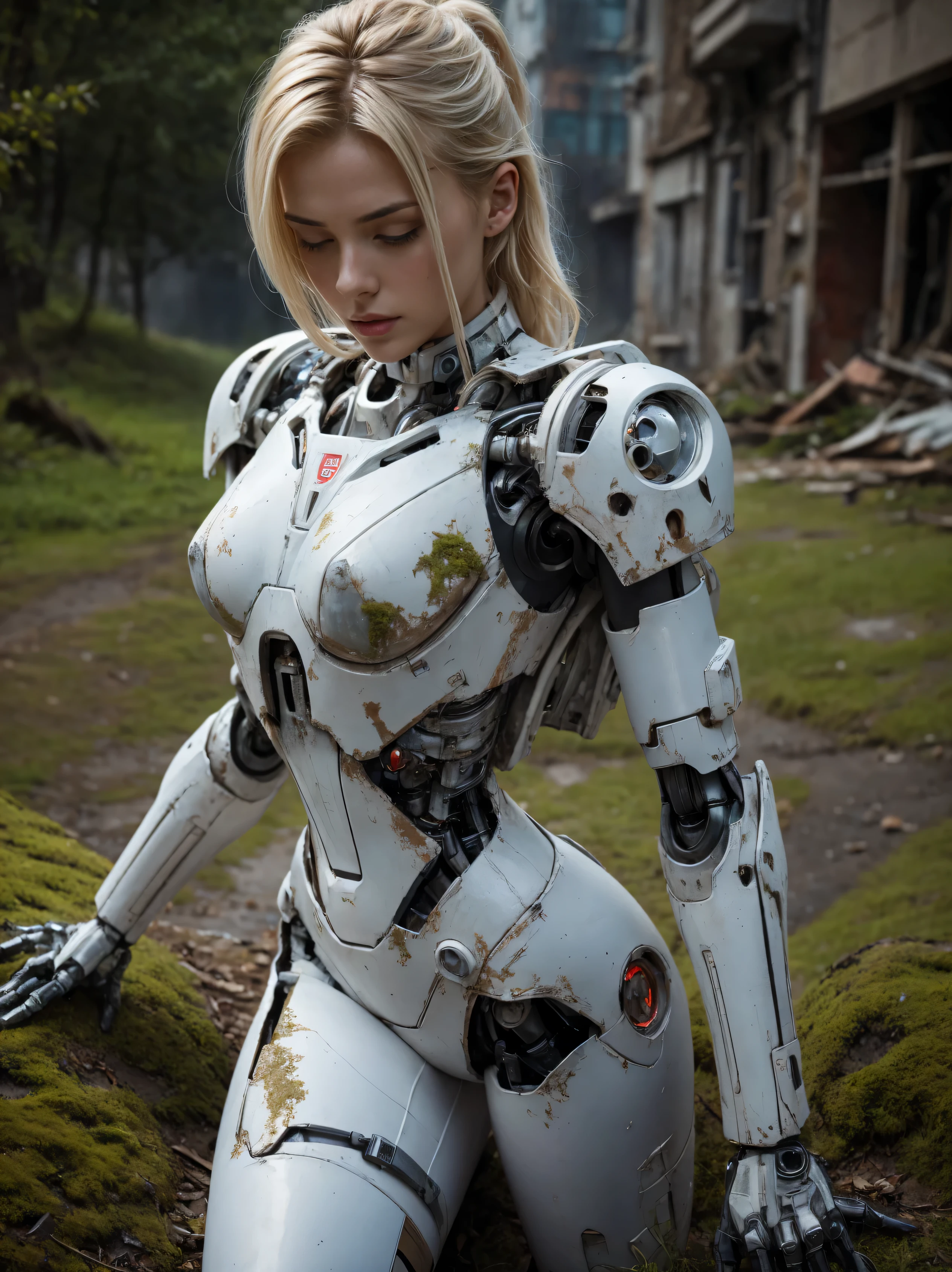 ((masterpiece, highest quality, Highest image quality, High resolution, photorealistic, Raw photo, 8K)), Abandoned robot soldier on battlefield, broken and immobile, rust and moss showing passage of time, female cyborg body, Blonde, female body, biomechanical , extra detailed body, blowjob white mech, white biomechanical details, detailed body, shiny white armor, cybernetic body, eva unit-00 on back, full body details, destroyed city in the background