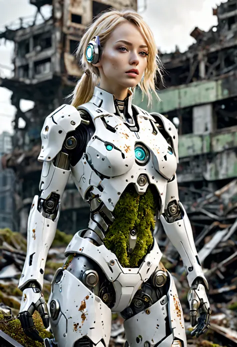 ((masterpiece, highest quality, Highest image quality, High resolution, photorealistic, Raw photo, 8K)), Abandoned robot soldier on battlefield, broken and immobile, rust and moss showing passage of time, female cyborg body, Blonde, female body, biomechani...