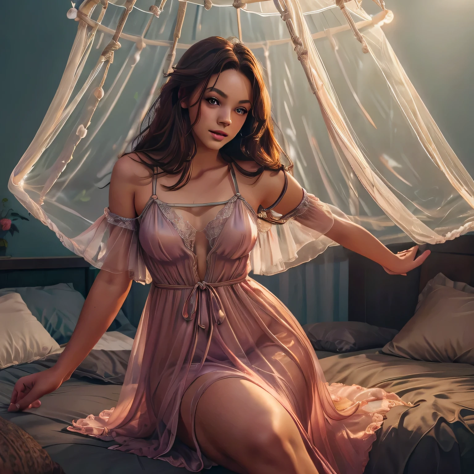 1girl,(bright lighting,romantic setting),dreamy background,,dark hair, mesmerizing gaze, , soft skin, alluring beauty, artistic portrait, high-quality image, vibrant colors,translucent long silk gown, mosquito net, lying down, romantic bedroom, sidesuspension