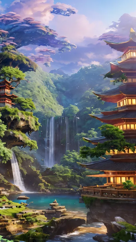 arafed view of a waterfall with a pagoda and a waterfall in the background, fantasy matte painting，cute, scenery artwork, game a...