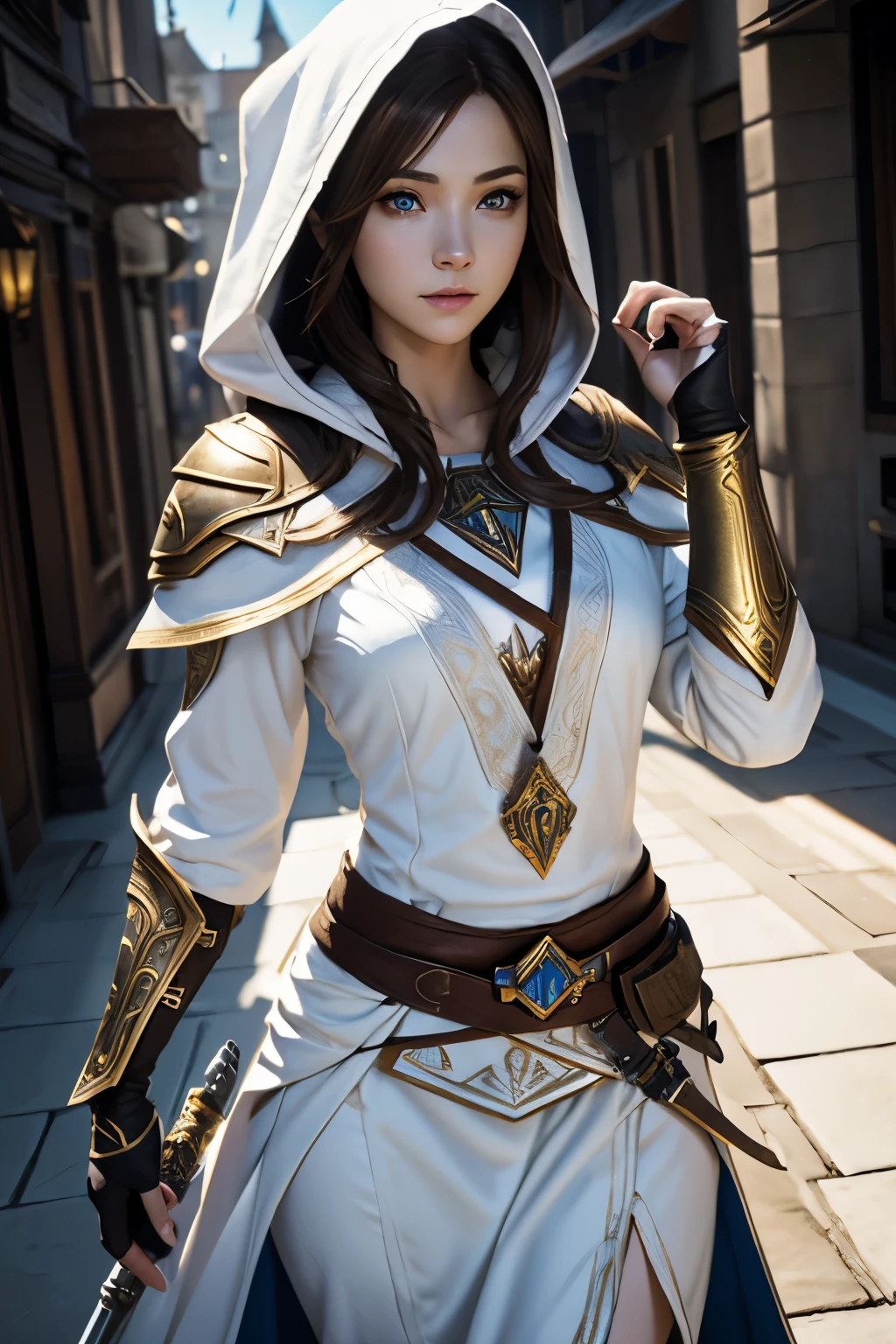 A full-body shot of Princess Zelda, brown hair, blue eyes, dressed as an Assassin from Assassins Creed, in white+gold witha white mask and hood with gold details, XL bust, using a wrist blade. Background: A city during the renaissance period. Unreal Engine 5, Anime, Anime style, Masterpiece, Well drawn eyes, well drawn face, well detailed eyes, well detailed face, 8k, light and shadow effect.  