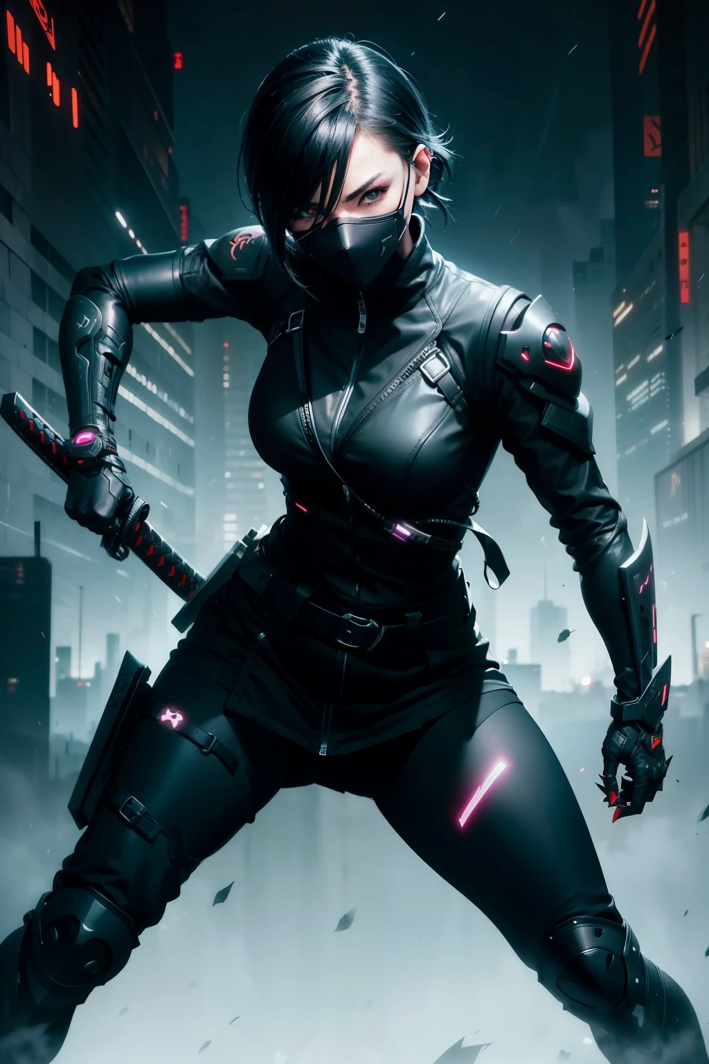 Waist up cyberpunk ninja girl (schwarze kurze Haare) (Meisterwerk) trägt eine Maske mit Totenkopf-Design, beste Qualität, scharfer Fokus, bewegte Pose, Katana halten, beste Qualität, Perfektes Gesicht, Katana halten, glühend 