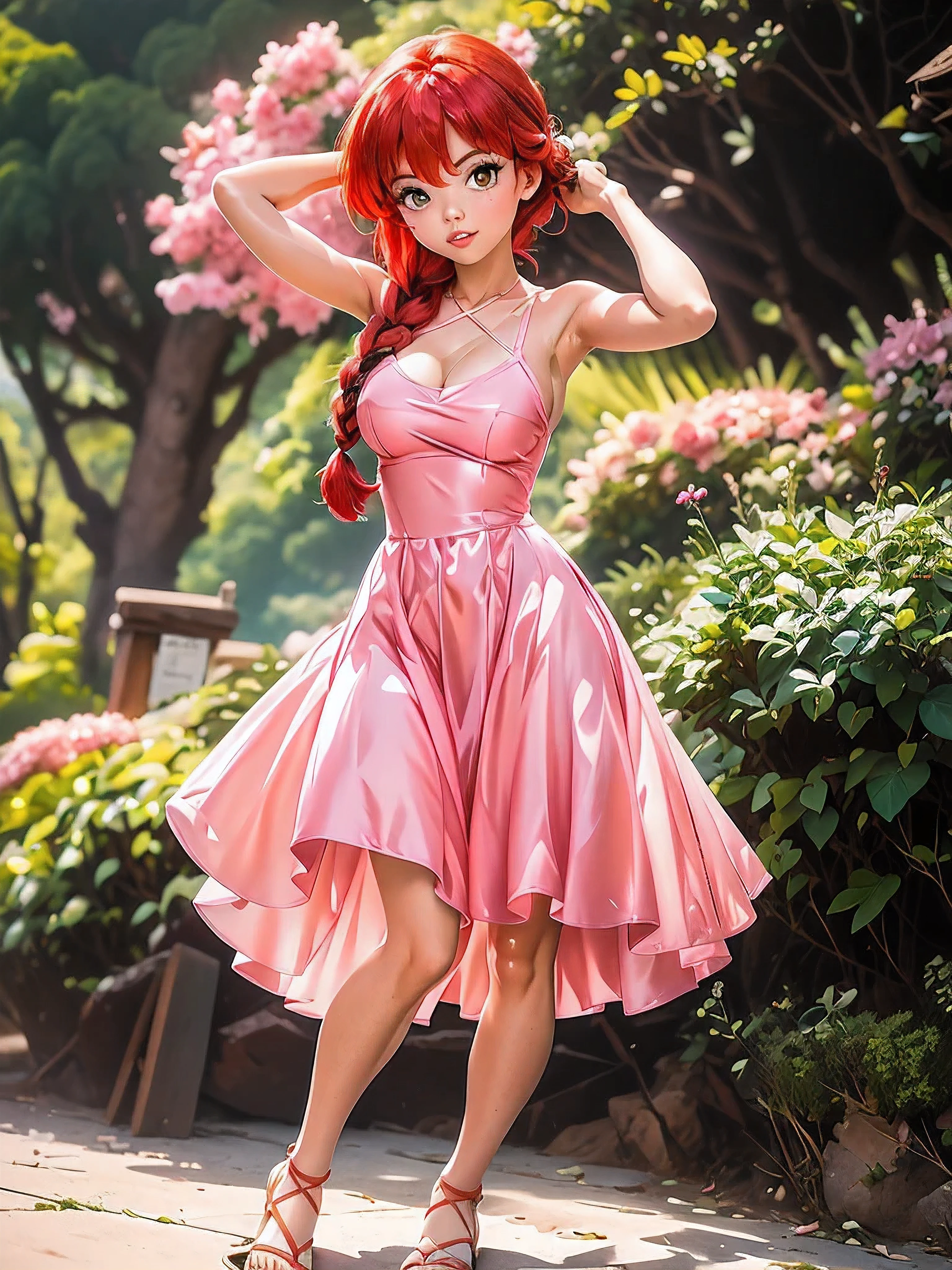 Garota anime ruiva com vestido longo pink com desenho de rosas casamento, saia, 16 anos, corpo bonito, seios grandes, with hands behind head, running your hands through your hair, Garota sexy, red hair with braid , beautiful lighting, sombras suaves, olhos azuis, pernas bonitas, hair with braid, estilo anime, Ranma Chan, Autora Rumiko Takahashi, Baseado em obra de Rumiko Takahashi, Anime Ranma 1/ 2, decote sexy, quadril robusto, corpo inteiro, corpo inteiro, busto grande, garota jovem com corpo belo e bonito, sandals on his feet, garota 16 anos jovem baixa estatura, usando vestido longo pink com desenhos de rosas, estampa florida, vestido com arte florida de rosas, garota anime, estilo anime, beautiful feet in sandals, 45° viewing angle, ao ar livre, vestido com estampa florida rosas, vestido estampado flor rosa, corpo inteiro, corpo completo, anime realista 