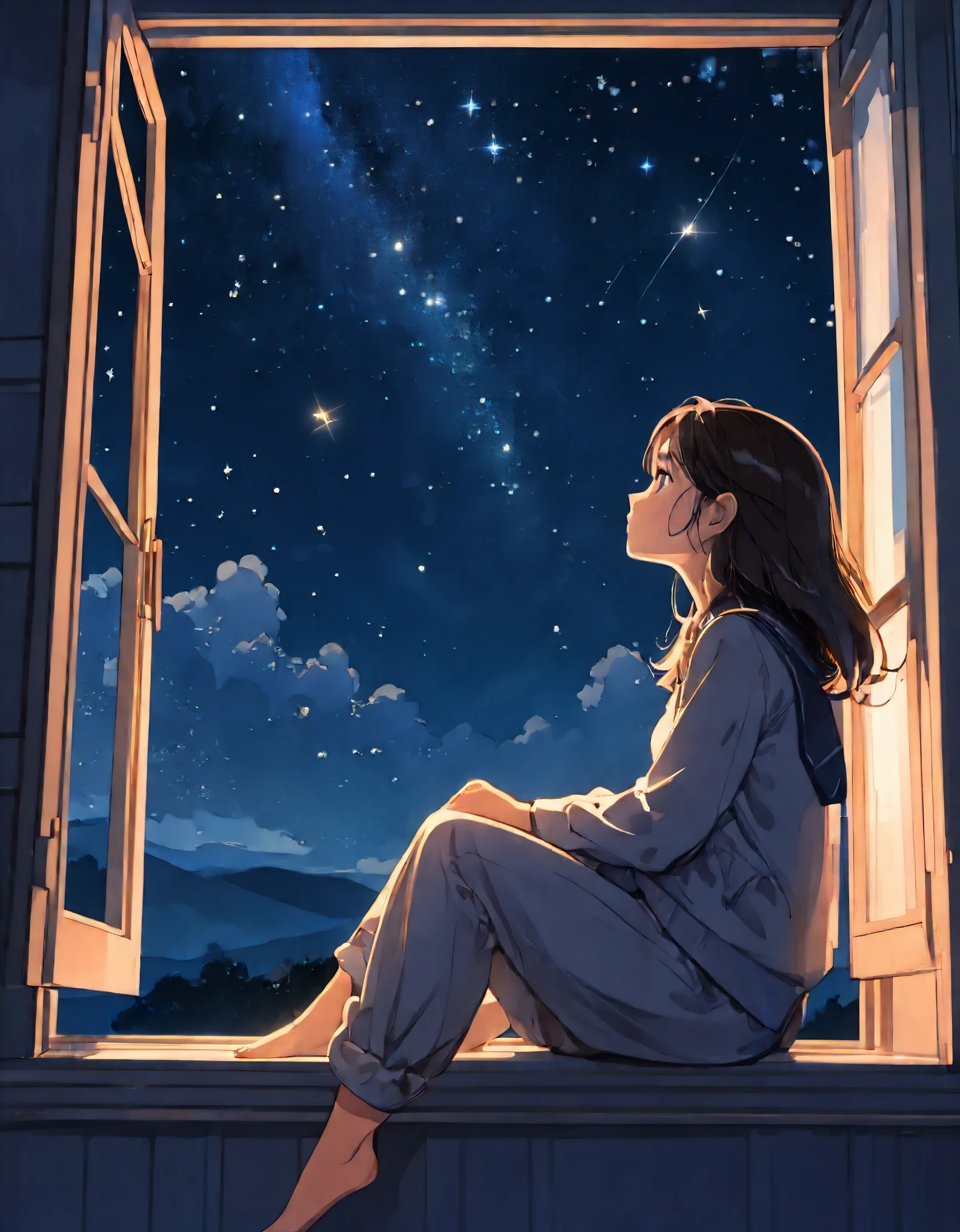 A girl, sitting by the window on a quiet night ((Looking at the stars one by one: 1.5)) ((Looking up at the stars outside the window: 1.5)), with a sad face