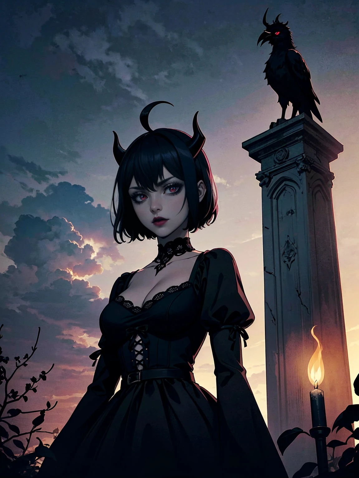 (masterpiece, best quality), intricate details, 1girl, solo, Nero, black hair, short hair, ahoge, red eyes, horns, outdoors, tank top dress, black dress, cleavage, expressionless, looking at viewer,, ((close, solo, 1woman, pink lipstick, Extremely detailed, ambient soft lighting, 4k, perfect eyes, a perfect face, perfect lighting, a 1girl)), (shy, highest quality, masterpiece:1.2), High-definition RAW color photo, Professional, cinematic light, gothic aesthetics, horror, eerie atmosphere, dark shadow, unforgettably beautiful, creepy landscape, gothic architecture, eerie atmosphere, decaying ruins, foggy fog, dramatic lighting, dark color, creepy details, (beautiful woman, Flowing Black Dress, haunted house, cute presence, gothic fashion, lace and velvet, dark red dress and vclack), eerie storm clouds, Moonlight night, supernatural being, eerie shadow, gothic charm, romantic rose in a dark corner, Bright red roses, creeping vine, dripping candle, Secret Whispers、delicate carvings, Ancient curses, thunder and lightning, creepy fog and crows, medieval atmosphere, spiderweb, gorgeous chandelier、Gargoyle - decorated roof, bleeding statue, sublime beauty, gothic aesthetic