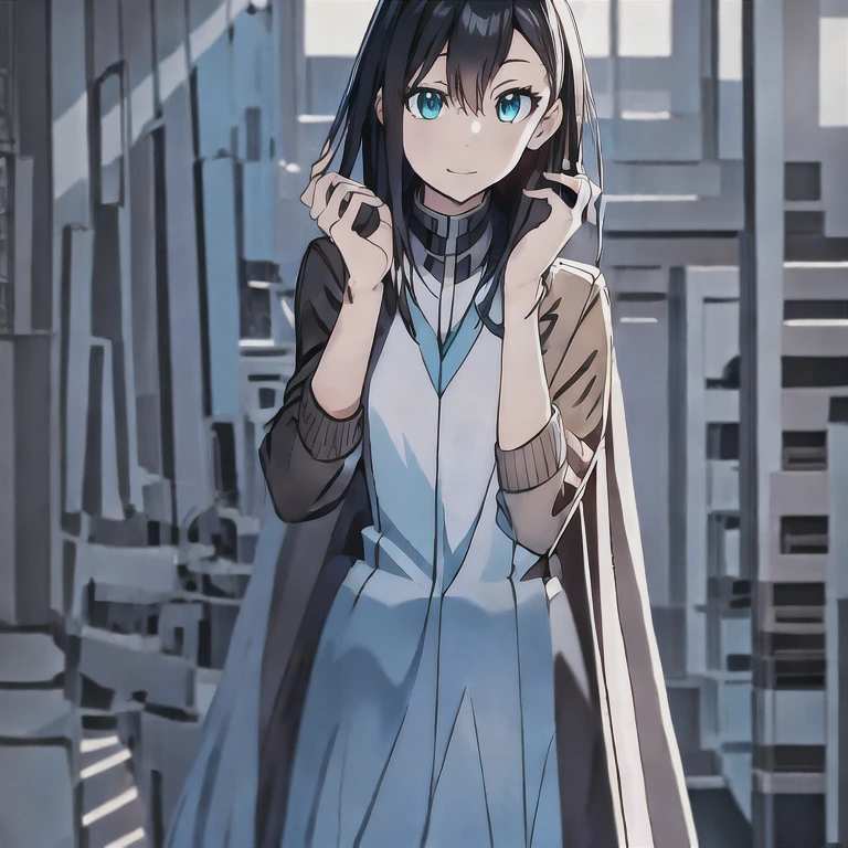 rin_matoi, long hair, black hair, cyan eyes, white pharmacist coat, digital monsters, humanoid, kamen rider, digimon, cyan halo above, standing, visual novel cg style, BREAK looking at viewer, BREAK (masterpiece:1.2), best quality, high resolution, unity 8k wallpaper, (illustration:0.8), (beautiful detailed eyes:1.6), extremely detailed face, perfect lighting, extremely detailed CG, (perfect hands, perfect anatomy)