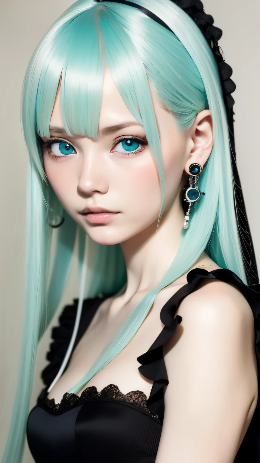 ornements de cheveux、des boucles d&#39;oreilles、tatouage、Goth_punk, 1 fille, seul,、la plus haute qualité, réaliste, Illustration super délicate, Fille anime belle et attrayante, miku hatsune, Corps mince, cheveux attachés, une fille, photos de fille, photo de tout le corps, beaux yeux bleus, regardé en arrière,anneaux de téton d&#39;oreille、ornements de cheveux、gemme、miku hatsune、