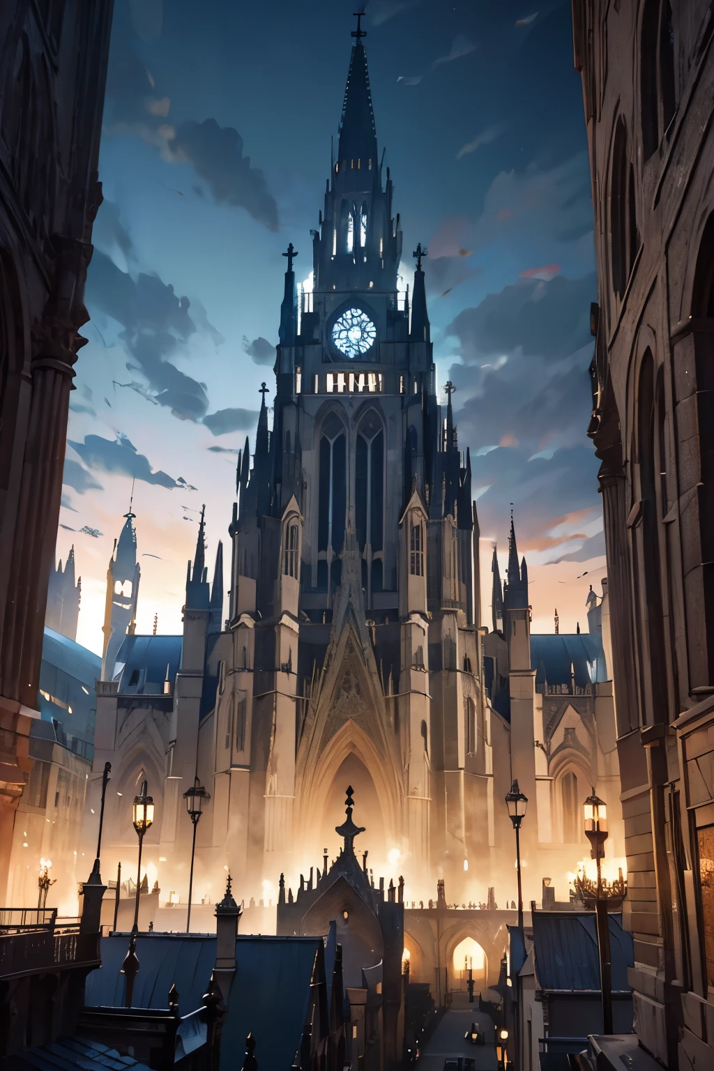 Riesige Kathedrale umgeben von mittelalterlicher Fantasy-Festungsstadt, fotorealistisch, octane render, unwirkliche Engine, hyperdetailliert, HDR, Wände