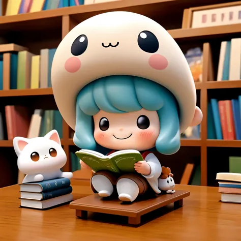 Photoreal、Chibi girl picking up and reading a picture book at a bookstore、smile