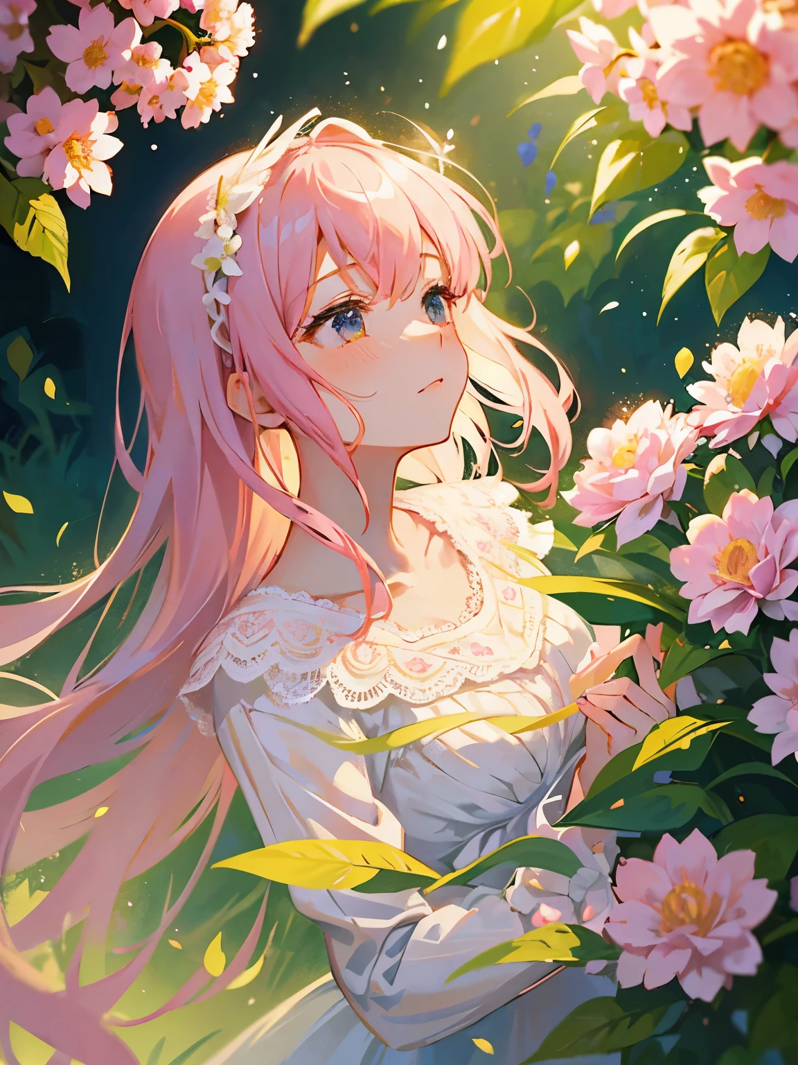 pink haired girl,wearing a white lace lolita dress,holding a flower,lush green garden with blooming flowers,soft warm sunlight,serene and peaceful atmosphere,vibrant colors,anime style,portraits,delicate lace details,fantasy elements,sparkling dewdrops on the flowers,butterflies fluttering around,whimsical and dreamy ambiance