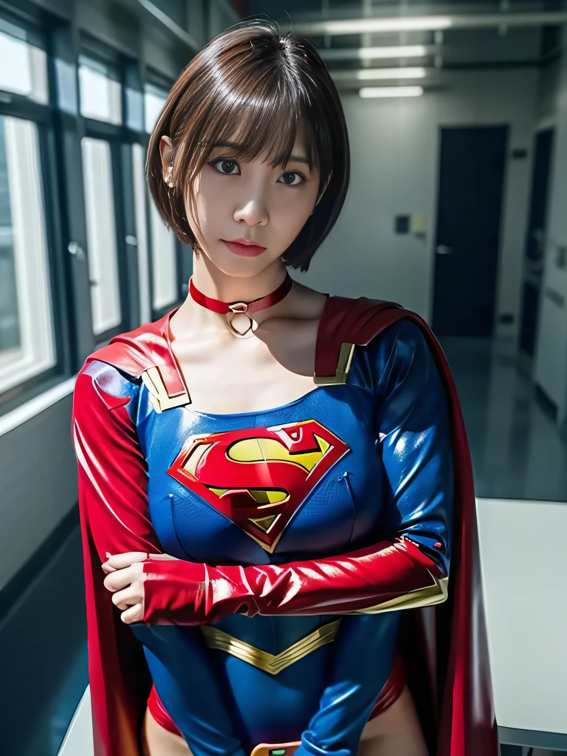 masterpiece、supergirl costume、short hair、barefoot、big and full breasts、Human experiment subject milking machine、Research room、operating table、Crisis situation、arms crossed、choker、shiny、looking at camera、Seduce、choker、long sleeve、red sexy pose、model body shape、sweaty、realistic