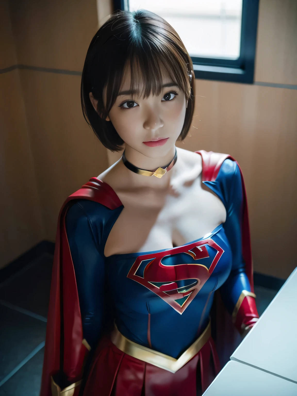 masterpiece、supergirl costume、short hair、barefoot、big and full breasts、Human experiment subject milking machine、Research room、operating table、Crisis situation、arms crossed、choker、shiny、looking at camera、Seduce、choker、long sleeve、red sexy pose、model body shape、sweaty、realistic