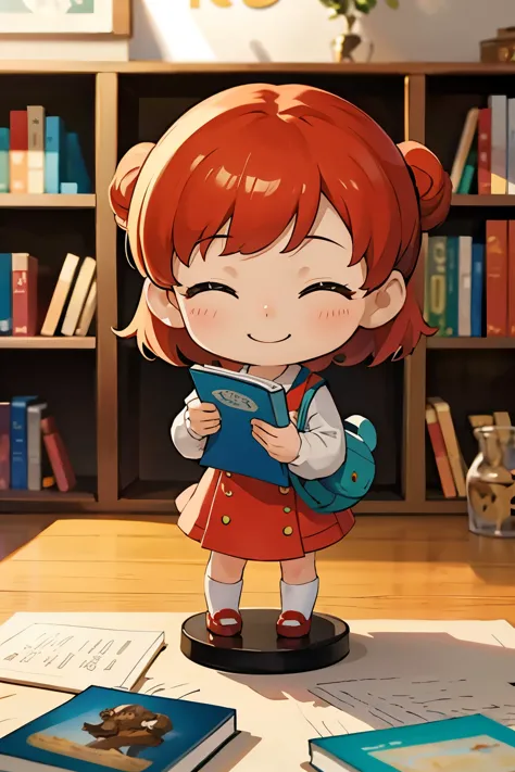 Photoreal、Chibi girl picking up and reading a picture book at a bookstore、smile