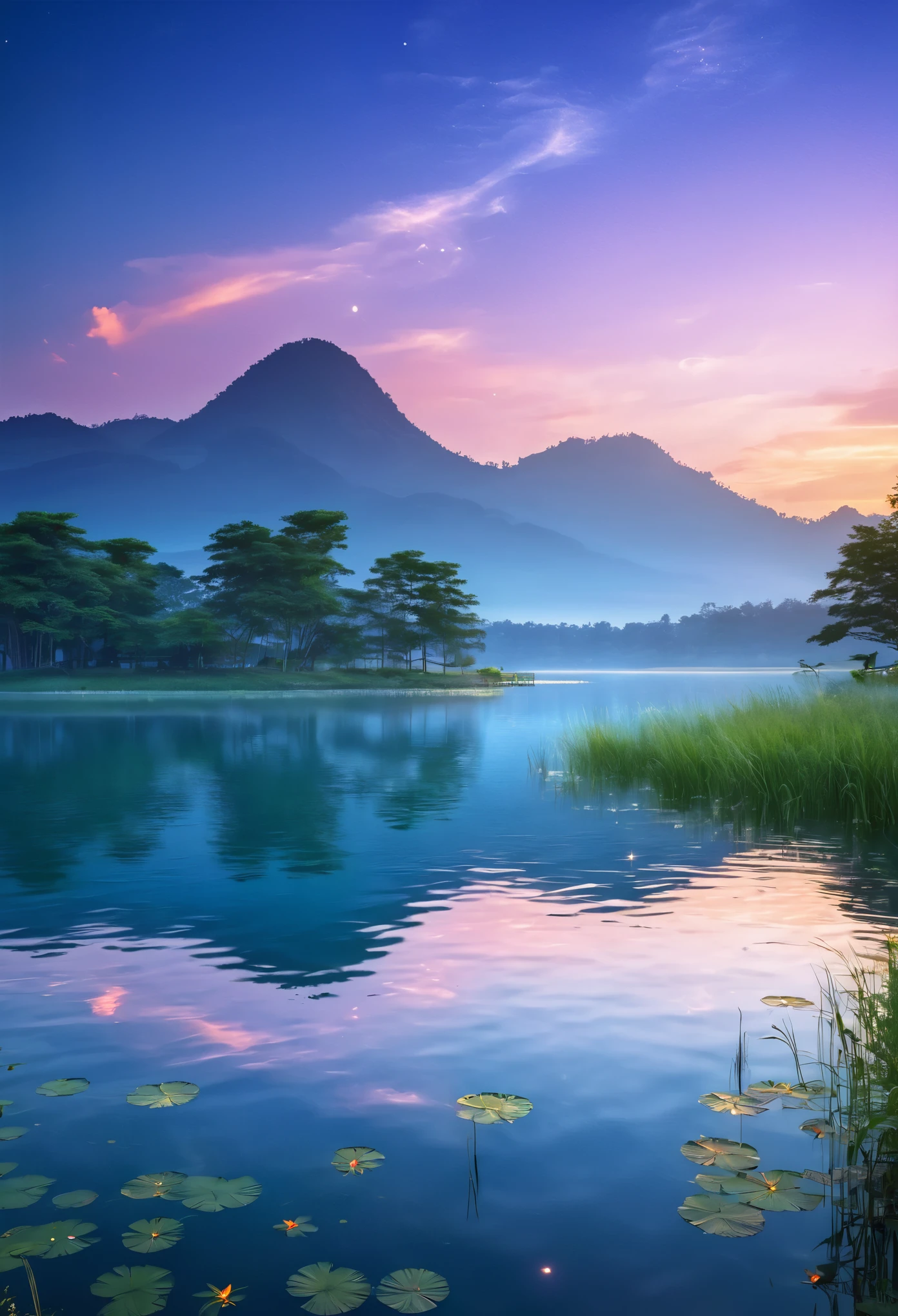 lac céleste au beau crépuscule, Lumière naturelle, scène romantique