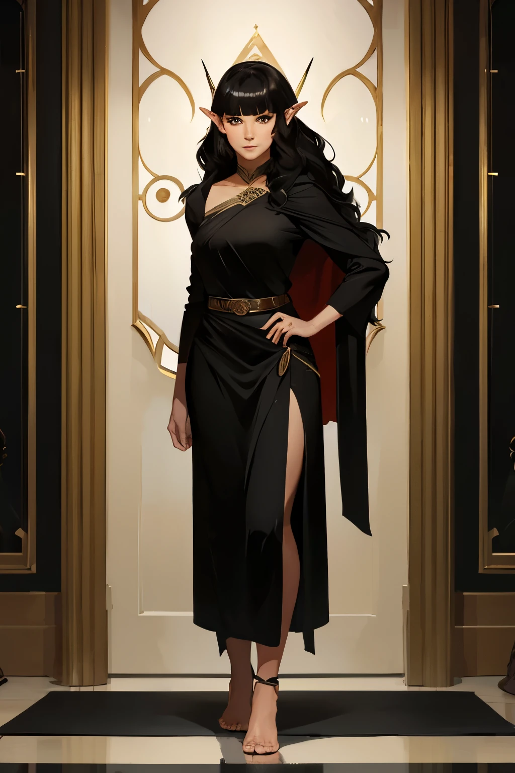 一位年轻的半精灵女性的全身肖像，她有着古铜色的皮肤和一头齐刘海的黑色波浪发, 穿着朴素的黑色长袍 
