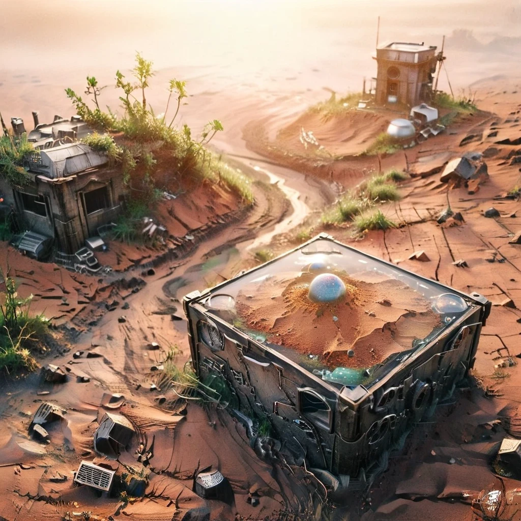 6598年Mars realistic model, (split ends, original photo, best quality, masterpiece:1.4),Steampunk Cyberpunk 6820 City,(CyberpunkMars light:1.3), Mars (related to land),(in a small nature box:1.3),Isometric, small nature, landscape on foundation,landscape,