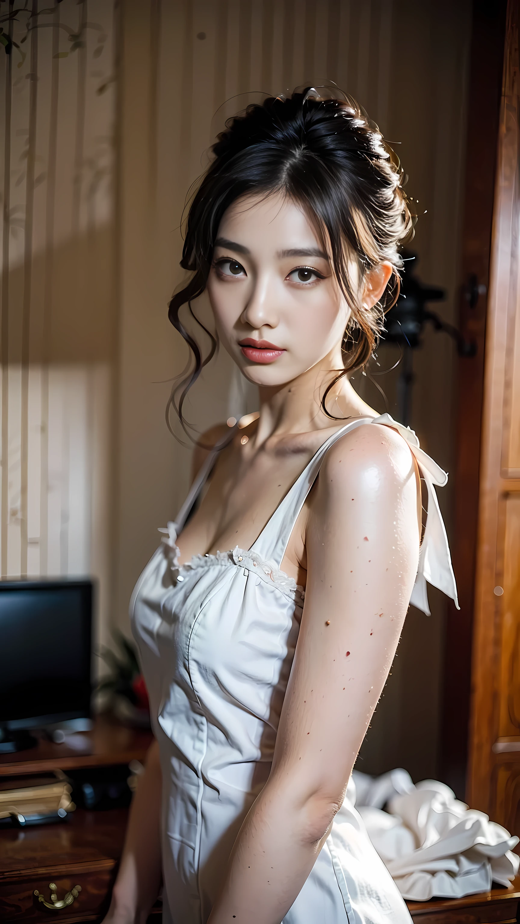 fotografia realista, Linda garota coreana , pano de fundo da sala de estar