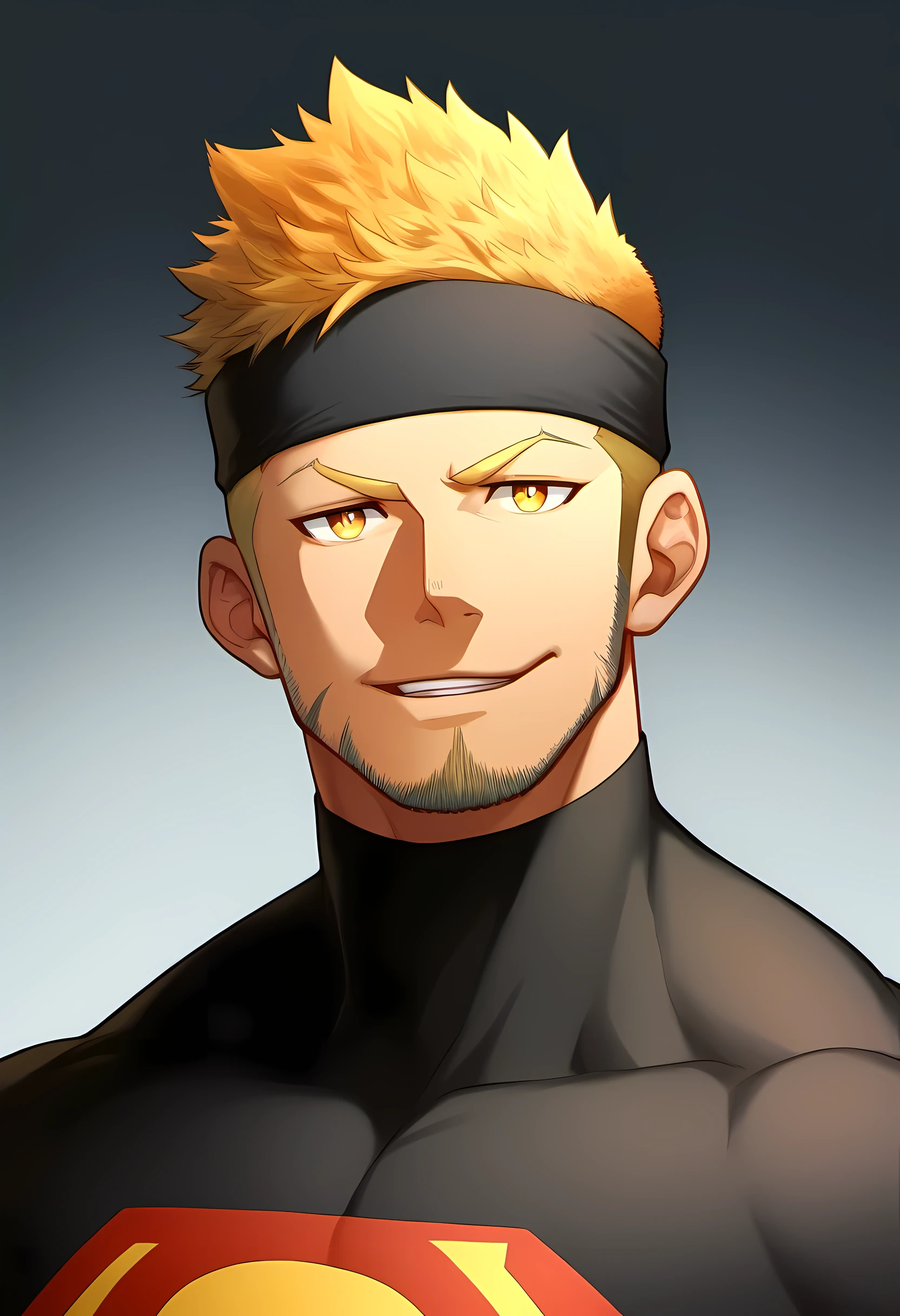 anime characters：Guy, Priapus, 1 young muscular man, male focus, Sporty black headband, Black Turtleneck Superman Tight T-Shirt, superman logo, muscular man, extra large breasts, only, Upper body, alone, short yellow hair, stubble, yellow eyes, Blink, White background, simple background, amazing quality, best aesthetics, Ridiculous, bright pupils, short hair, naughty face, torogao, open lips, best quality