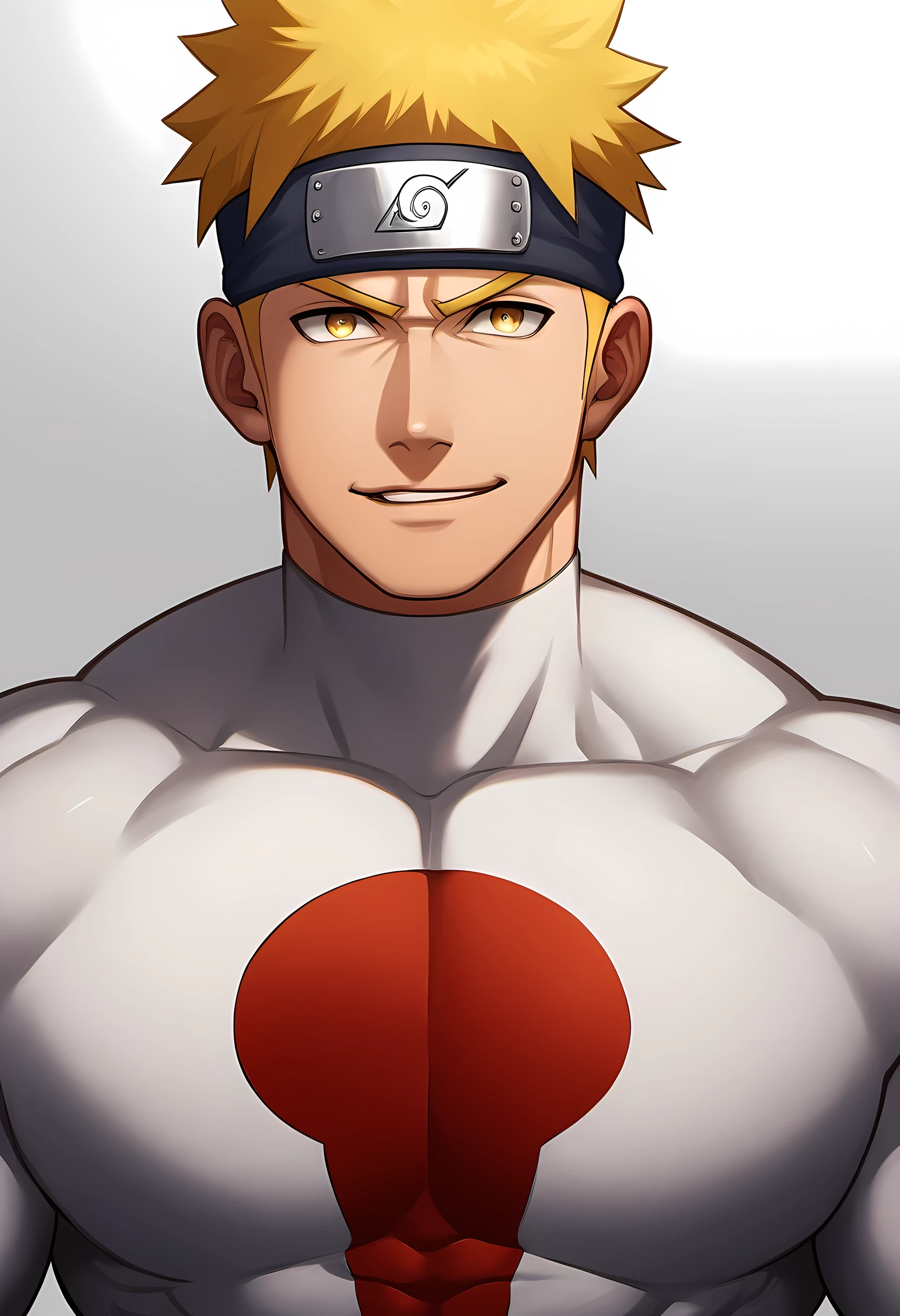 personagens de anime：Naruto, Naruto, 1个年轻的Homem musculoso, foco masculino,  Tiara preta esportiva, Meia-calça branca do Homem-Aranha, Logótipo do Homem-Aranha, Homem musculoso, Seios extra grandes, apenas, tronco, sozinho, Cabelo amarelo curto, restolho, olhos amarelos, piscar, fundo branco, fundo simples, qualidade incrível, melhor estética, ridículo, pupilas brilhantes, cabelo curto, cara de safada, torogação, Lábios abertos, melhor qualidade