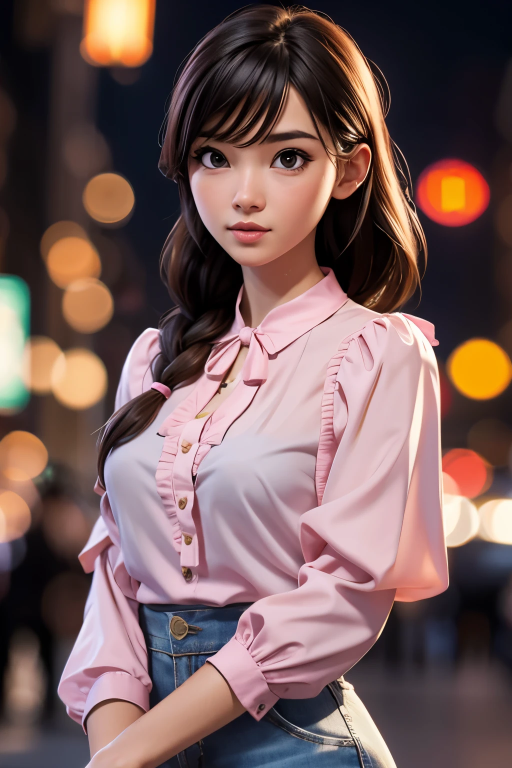 best quality, photorealistic, 1girl, woman,(skindentation), medium breast, (bright), (professional lighting, bokeh), (street), people, crowds, braided bangs, (blouse:1.5), (portait:0.8), gorgeous, bloom, floating hair, (dynamic pose:0.6) , soft lighting, 