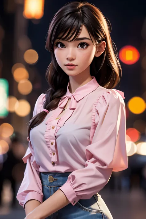 best quality, photorealistic, 1girl, woman,(skindentation), medium breast, (bright), (professional lighting, bokeh), (street), p...