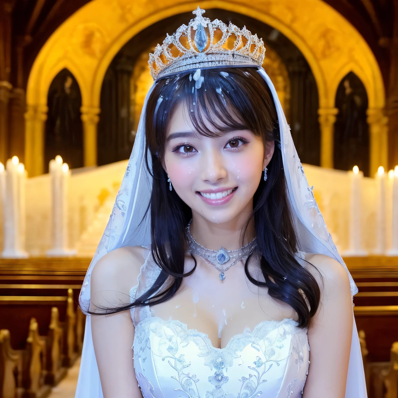 (dessus de la table、la plus haute qualité、8k、Un travail primé、ultra haute résolution)、Une belle mariée、(robe de mariée immense et superlative parfaite:1.1)、(Robe de mariée de luxe avec beaucoup de bijoux:1.1)、(Énorme diadème de bijoux le plus fin:1.3)、(Énorme bijoux le plus beau collier:1.3)、(Dentelle de mariage parfaite:1.2)、(Regarde-moi avec ton plus beau sourire:1.2)、(The most luxurious and la plus haute qualité giant tiara:1.3)、(Le collier de bijoux géant le plus luxueux et le plus raffiné:1.3)、(Montrez vos belles dents et souriez grand:1.1)、(la mariée est devant moi、Assurer un espace égal en haut, Vers le bas, et à gauche et à droite.:1.1)、Gros seins、clivage、souligner la ligne du corps、(Photo du haut du corps:1.1)、(cérémonie de mariage dans une église sacrée et noble:1.1)、(Arrière-plan parfait très flou de la plus belle église de luxe:1.1)、(église élégante et magnifique:1.1)、anatomie précise、cheveux ultra haute définition、Visage beauté ultra haute définition、輝くultra haute résolutionの美肌、ultra haute résolutionの艶やかな唇、(visage couvert de sperme:1.5)、(Visage couvert d&#39;une grande quantité de sperme:1.3)、(Visage tourné droit devant:1.1)、(corps tourné droit devant:1.1)、(Une belle peau qui brille de blanc:1.3)、(Tenez-vous debout, face droit devant vous:1.2)、(Tres brillant and vivid:1.3)、(Tres brillant:1.2)、(Arrière-plan fortement flou:1.1)