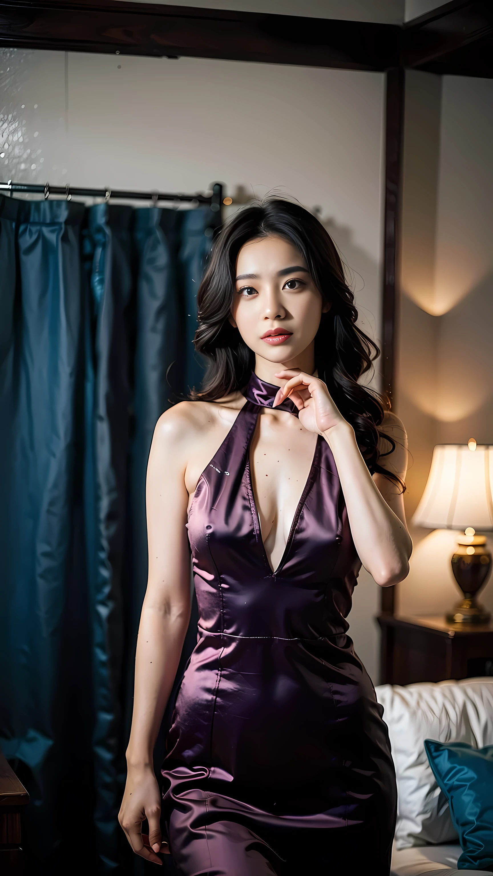 fotografia realista, Linda garota coreana com longos cabelos ruivos , vestido de noite ,Bush em volta do pescoço , pano de fundo da sala de estar