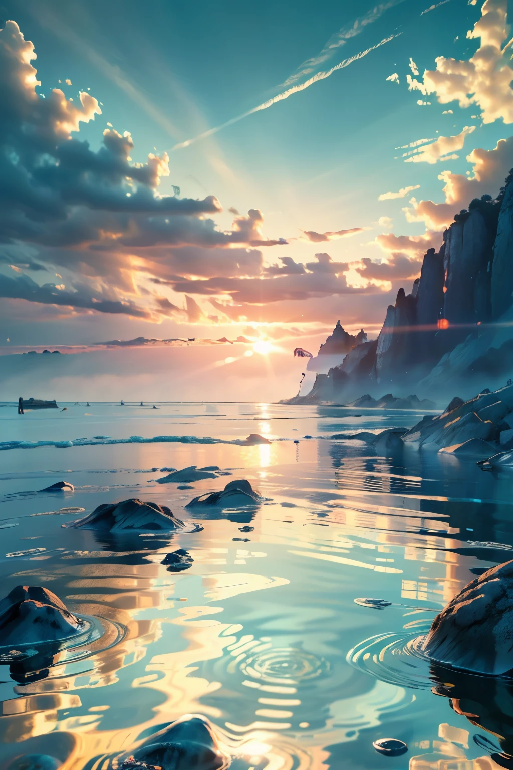 high quality，high image quality，1080p，sea level，Only the sea，From the shore towards sea level，clear sky，In smooth water，Vision，transparent，To one side，Water floods the sidewalk，Pebbles，Sun，blue sky，White clouds，Shine，Reflected light from the surface of the water，seagull，  minimalism