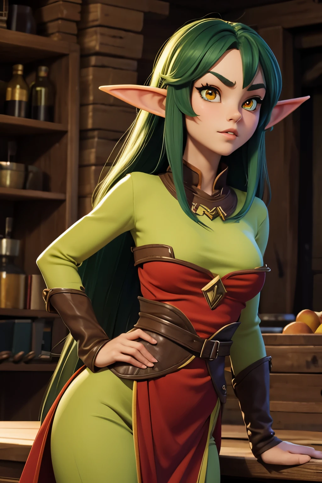 A female goblin, long dark green hair, yellow eyes, thin lips, round face, small breasts, wearing red tunic, beautiful female goblin