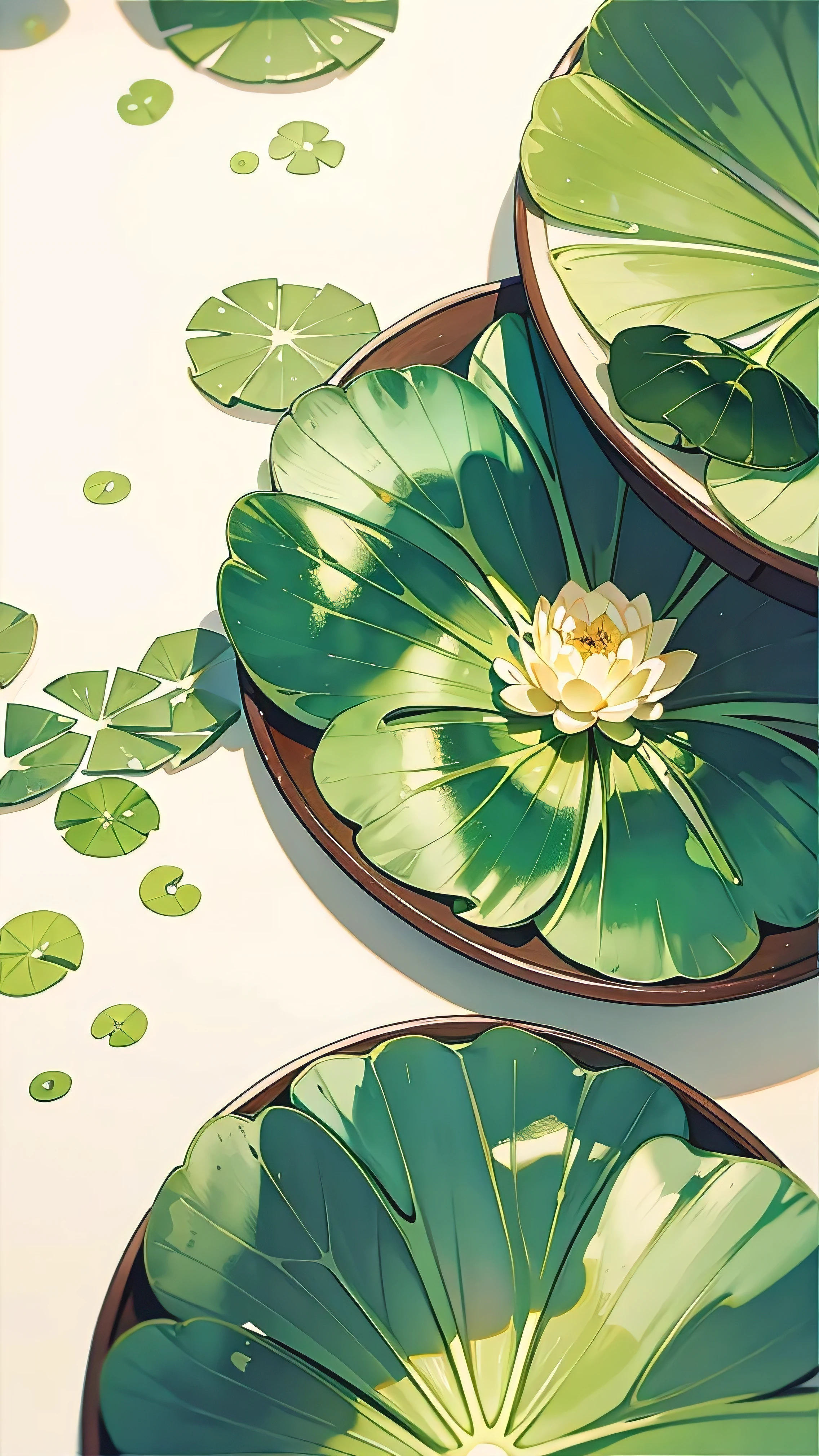 big lotus leaf, lotus, ink painting style, clean colors, Decisive cuts, Blank, unarmed, pond, green water, masterpiece, super detailed, epic work, high quality, best quality,