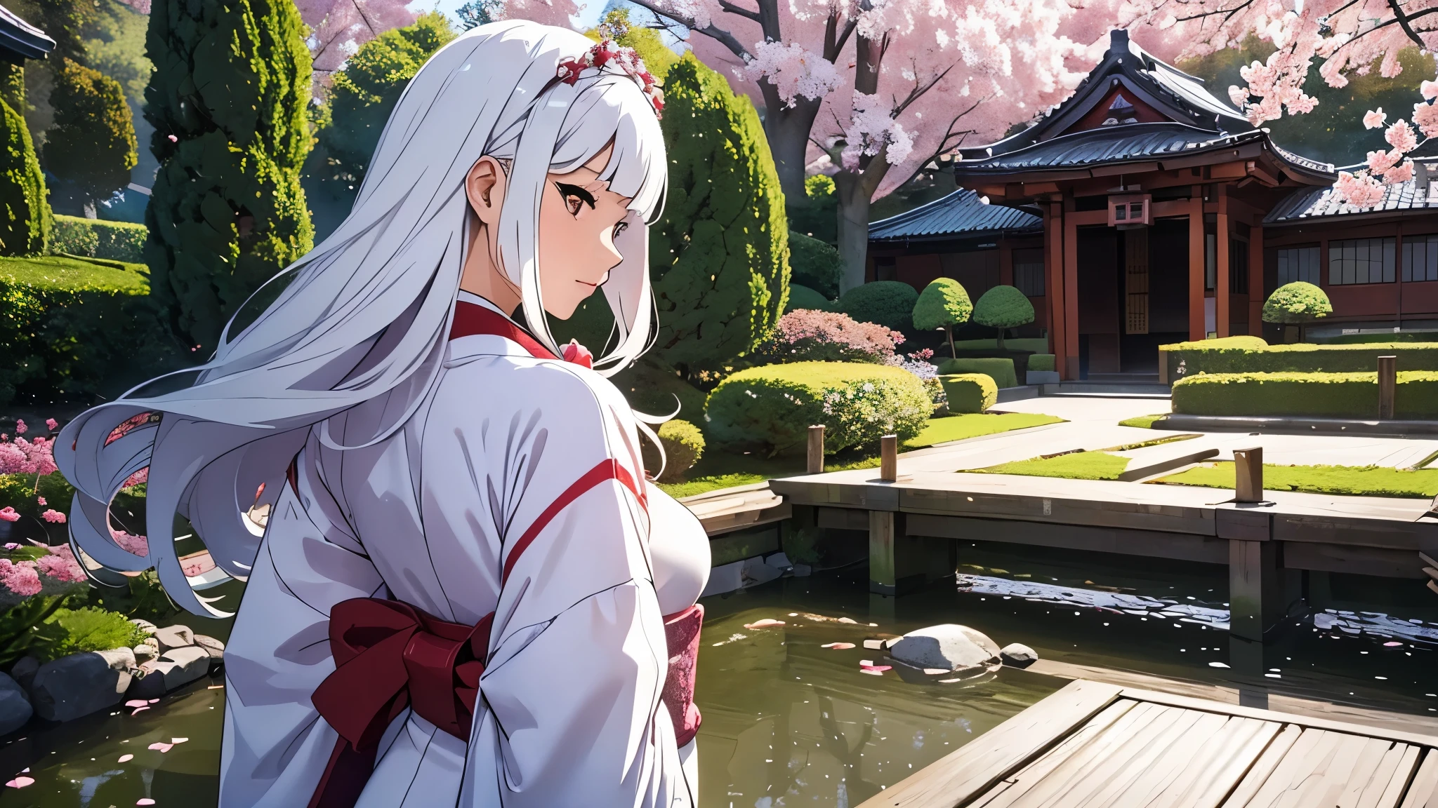 CG, unity, 8k, wallpaper, highest quality, masterpiece, lovely woman wearing a kimono, 1, white hair, white skin, looking at the garden, (sad expression: 1.1), best lighting, complex pupils, complex textile, detailed background, in a traditional Japanese room, (A traditional Japanese garden can be seen in the background), There is a magnificent cherry tree in the garden, Cherry blossom petals are dancing, Fantastic, focus on background, view from behind