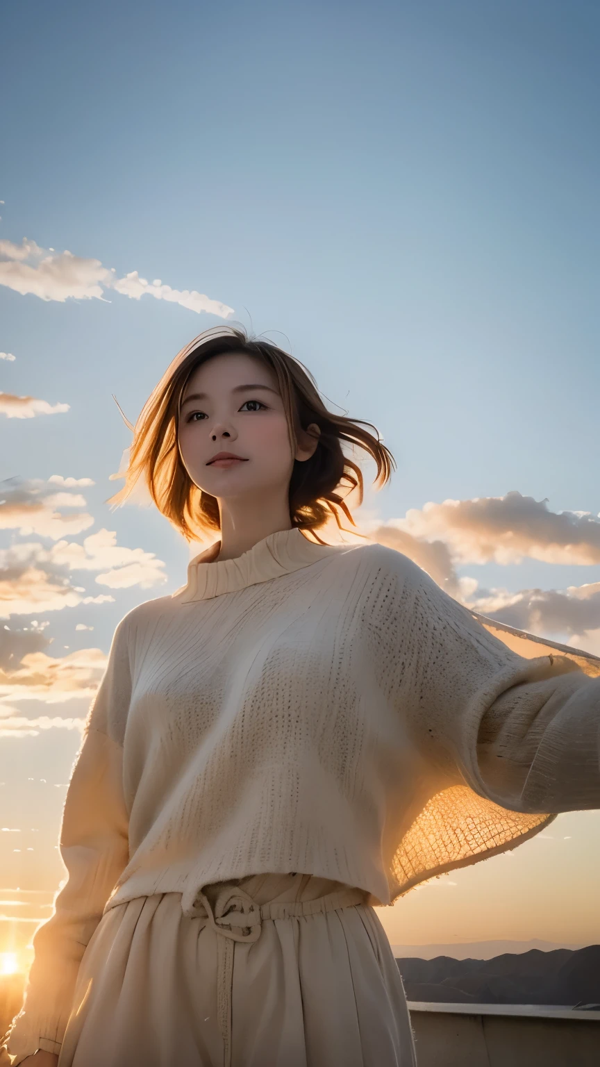 masterpiece, highest quality, movie stills, 1 girl, Cloud Girl, floating in the sky, close, bright, Happy, warm and soft lighting, sunset, (spark:0.7)