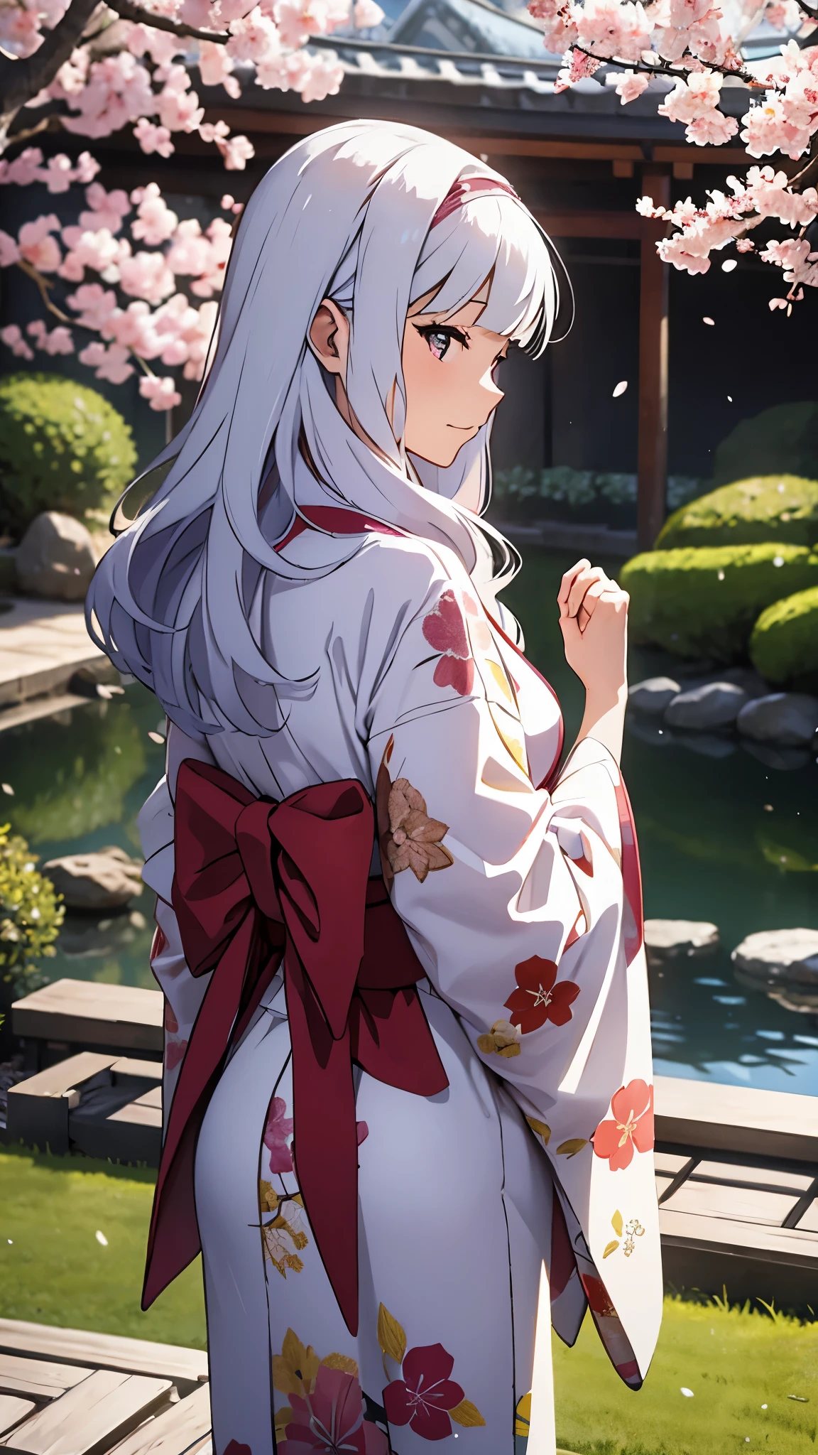 CG, Einheit, 8k, Hintergrund, höchste Qualität, Meisterwerk, schöne Frau im Kimono, 18 Jahre alt, langes weißes Haar, weiße Haut, Blick auf den Garten, (trauriger Ausdruck: 1.1), beste Beleuchtung, komplexe Schüler, komplexe Textil, detaillierter Hintergrund, in einem traditionellen japanischen Zimmer, (Im Hintergrund ist ein traditioneller japanischer Garten zu sehen.), Im Garten steht ein prächtiger Kirschbaum, Kirschblütenblätter tanzen, fantastisch, Flüchtige Atmosphäre, Fokus auf den Hintergrund, Ansicht von hinten