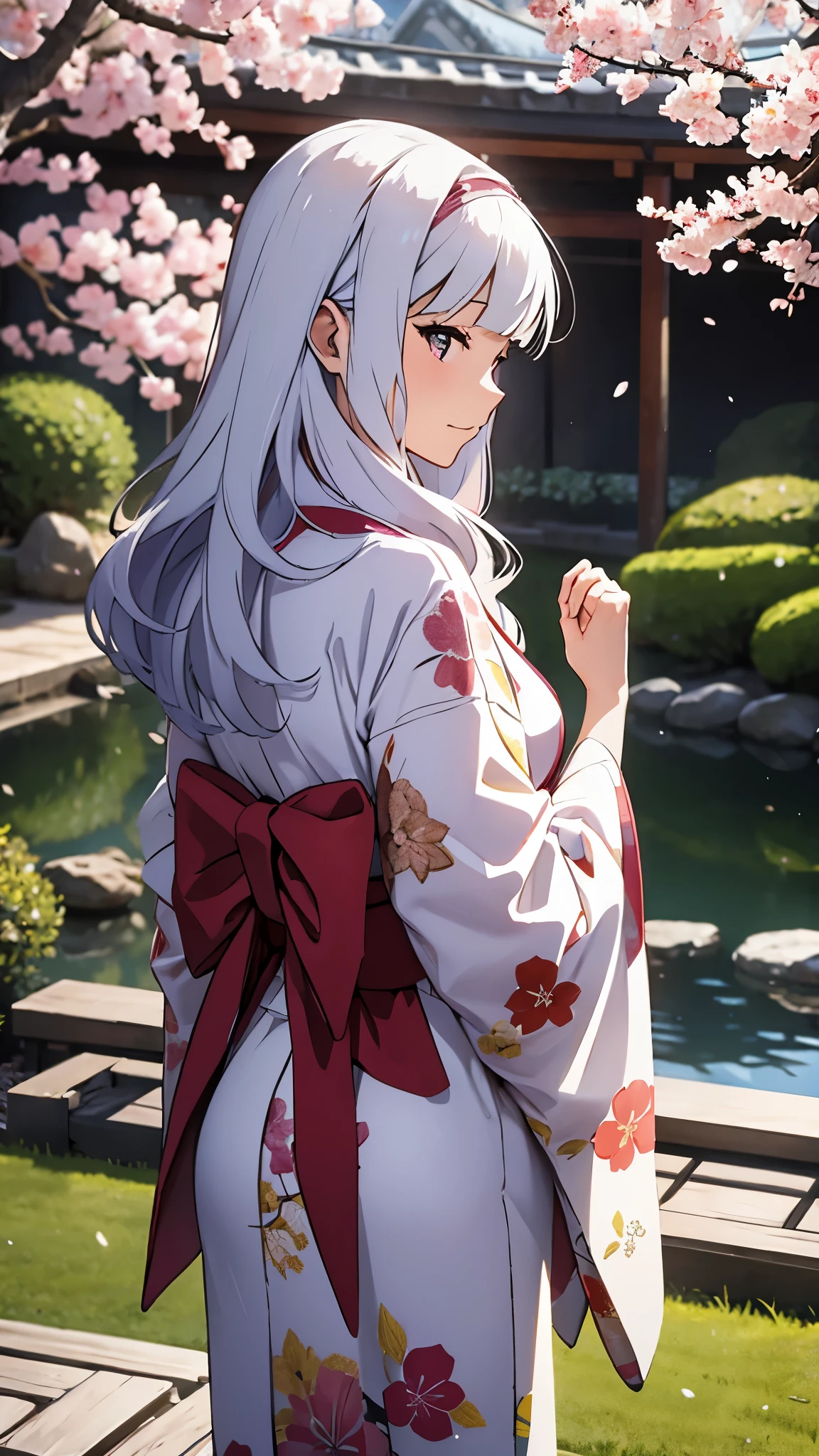 CG, Unité, 8k, fond d&#39;écran, la plus haute qualité, chef-d&#39;œuvre, jolie femme portant un kimono, 1, longs cheveux blancs, peau blanche, en regardant le jardin, (expression triste: 1.1), Meilleur éclairage, élèves complexes, textile complexe, contexte détaillé, dans une salle japonaise traditionnelle, (Un jardin japonais traditionnel est visible en arrière-plan), Il y a un magnifique cerisier dans le jardin, Les pétales de fleurs de cerisier dansent, fantastique, Ambiance éphémère, se concentrer sur l&#39;arrière-plan, vue de derrière