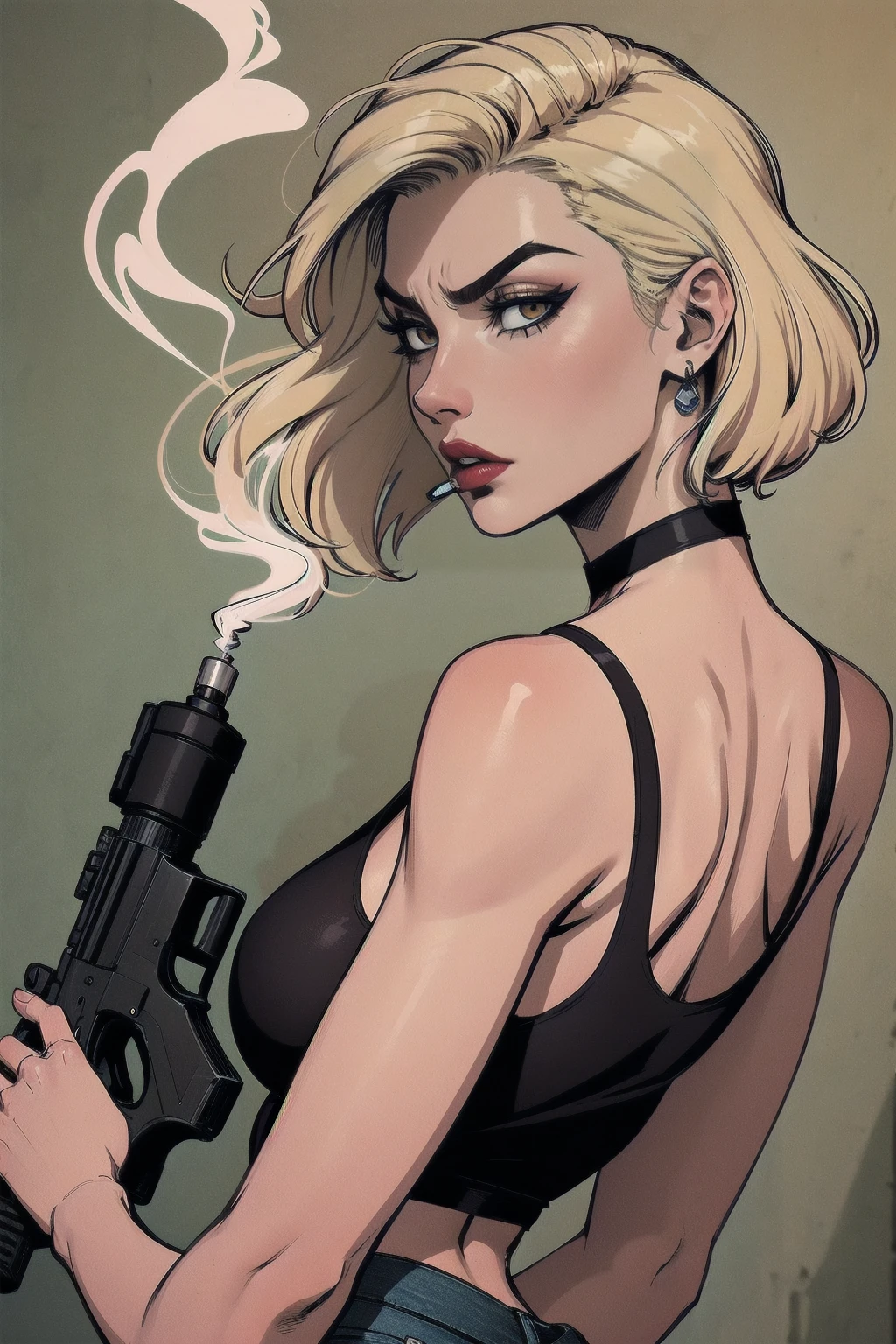 a woman with short blond hair, hair on shoulders,  wearing a red tank top, small breasts  and jeans, brown  eyes, wife of preacher, tulip ohare, toon aesthetic, wearing red lipstick,  look like tulip ohare (comics) (preacher) (vertigo), smoking, pointing a gun, serious face,  upper body, backwards, looking back