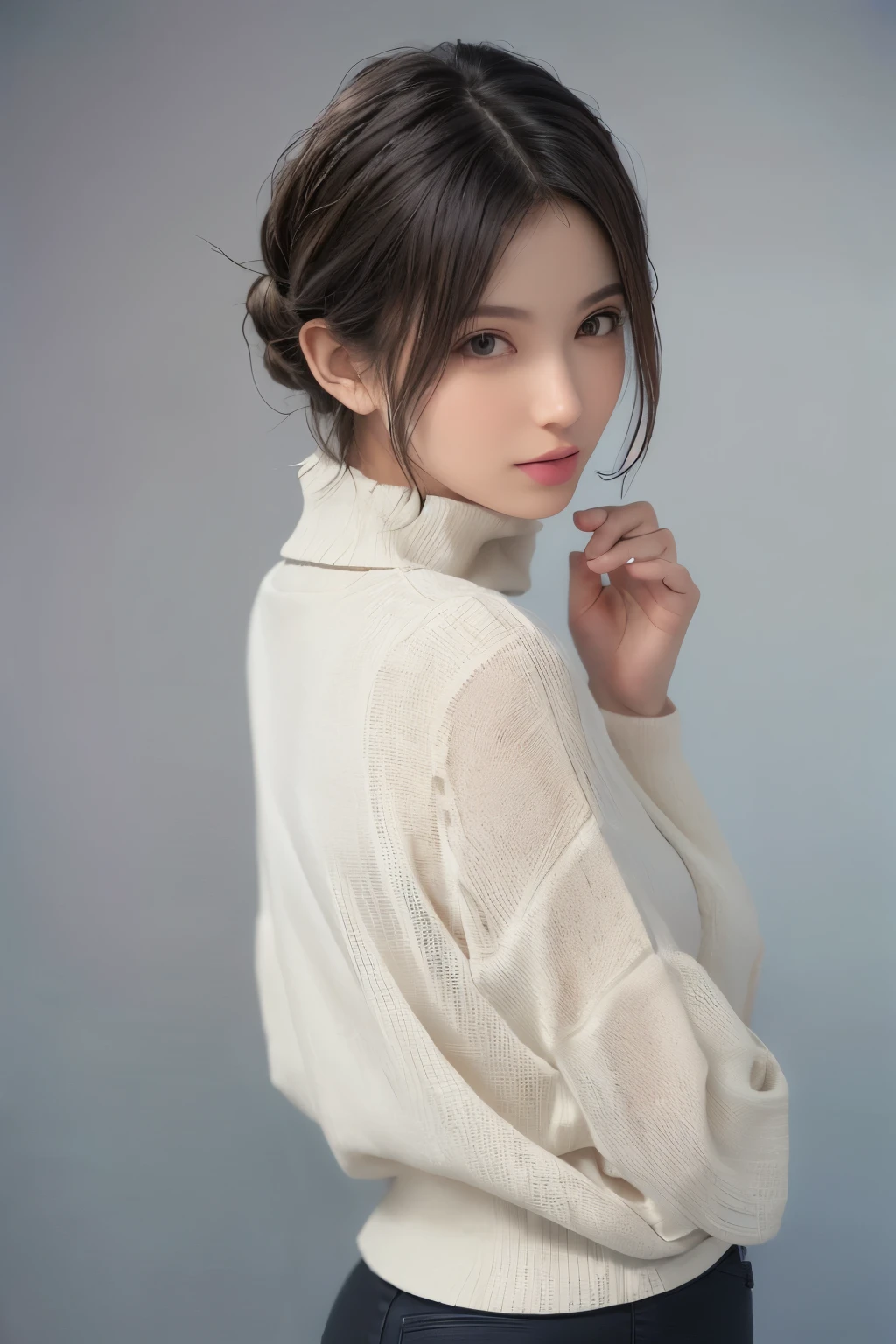 (masterpiece:1.3), (8k, lifelike, original photo, best quality: 1.4), (1 girl), pretty face, (lifelike face), (black hair, short hair:1.3), beautiful hairstyle, Lifelike eyes, Beautiful and delicate eyes, (lifelike skin), Beautiful skin, (sweater), Ridiculous, attractive, ultra high resolution, surreal, Very detailed, golden ratio，whole body，slim waist，raised buttocks，