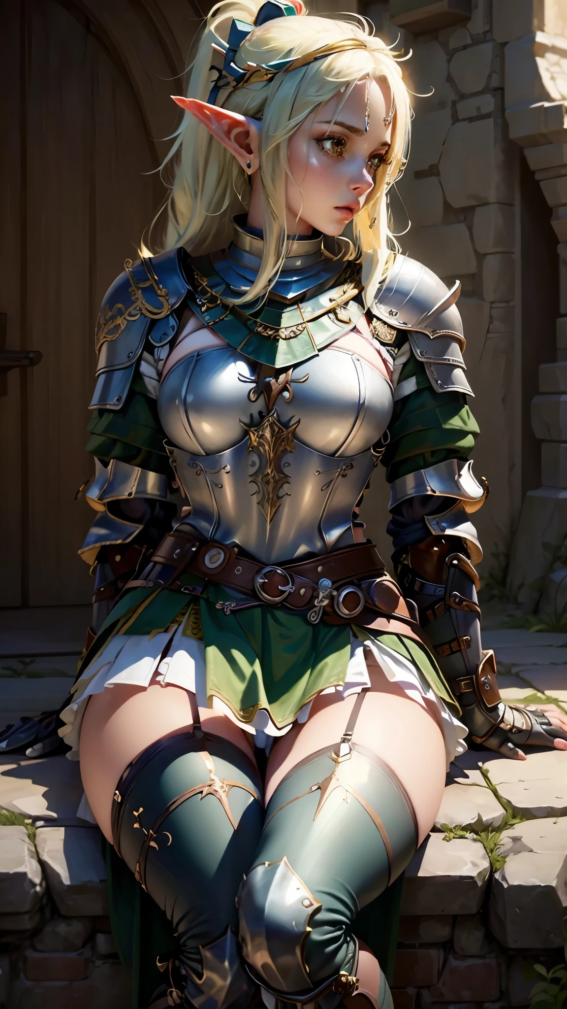 ((Female elf warrior)), thin girl, thin waist, small breasts, 18 years old,  (sitting, legs open: 1.1), knight armor, (medieval armor, steel breastplate, Steel gauntlets, steel gloves), ((green skirt: 1.1)), (upskirt), (panties showing under the skirt: 1.1), (showing panties: 1.2), (white panties: 1.3), (( cameltoe: 1.2)), medieval fantasy, D&d, RPG, best quality, masterpiece, 8k, nsfw, 