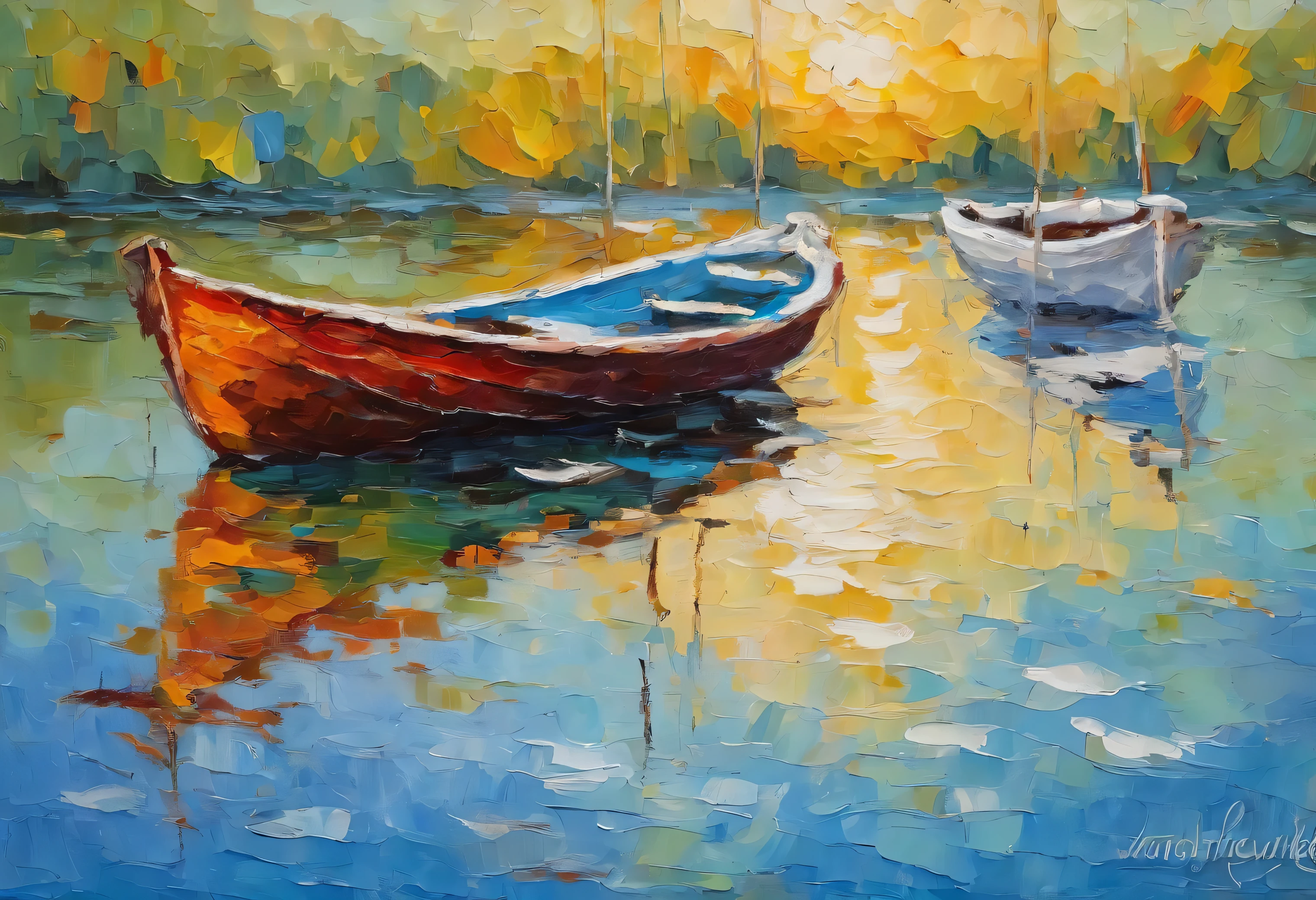 One fisherman boat, perfect reflections, spring sunny day, calm blue sea, impasto style brushstrokes, seagulls in the sky