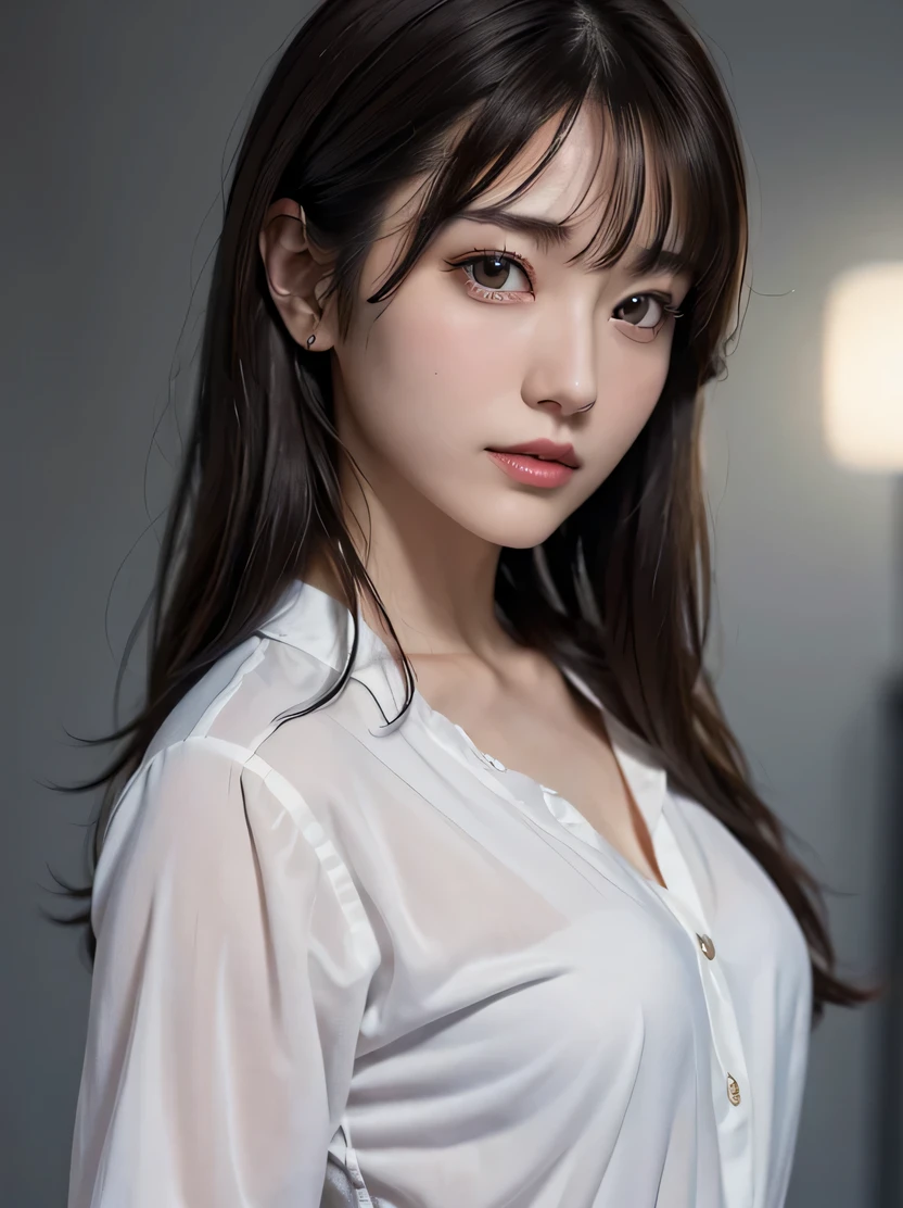 ((masterpiece、highest quality、Super detailed、High resolution、sharp focus、cinematic lighting))、(1 female、middle shot、face light))、30 years old、small face、no makeup、(fine eyes)、detailed beautiful eyes、bangs、dark brown hair、Boyish short-cut hair、(realistic skin)、beautiful skin、(Detailed garment features)、easy costume、Open White Business Shirt、middle chest、cool beauty、Detailed depiction of hands、gray background、Tifa_lock heart