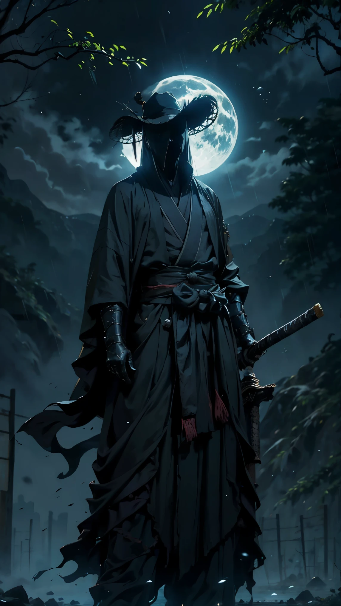 (最高品質,超詳細),暗い,濡れた,人工の雨粒が落ちる,雨の中に立つ古代日本の戦士,日本の伝統的な竹の帽子(失敗),鬱蒼とした森の風景,雄大で穏やかな自然,夜空に明るく輝く満月,月明かりに映える蛍光赤の縞模様の黒い着物,研ぎ抜かれた武士の刀(カタナ),