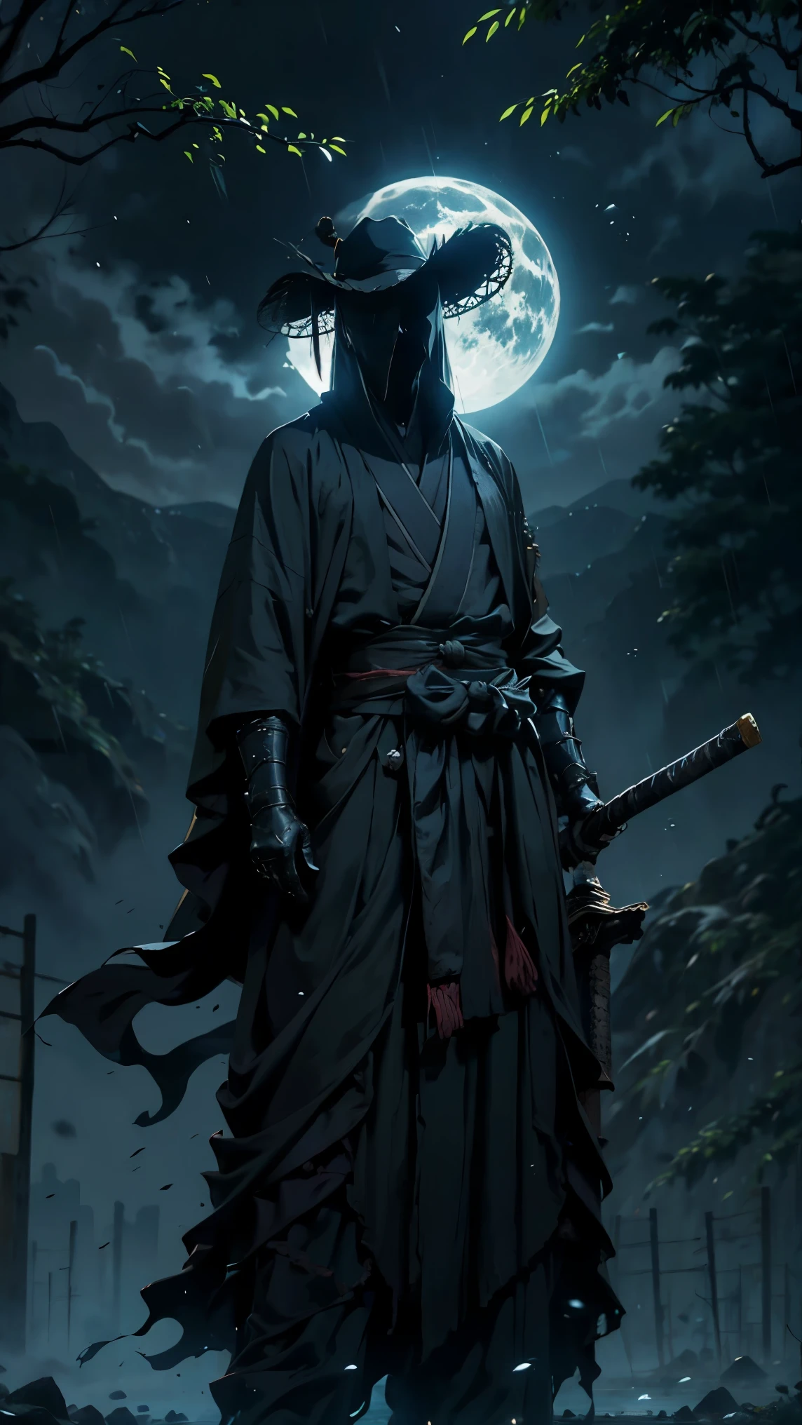 (Best Quality,ultra detailed),dark,wet,artificial raindrops falling,ancient japanese warrior standing in the rain,japanese traditional bamboo hat(fail),dense forest landscape,majestic and serene nature,full moon shining brightly in the night sky,black kimono with fluorescent red stripes that glow in the moonlight,samurai sword sharpened and drawn(katana),