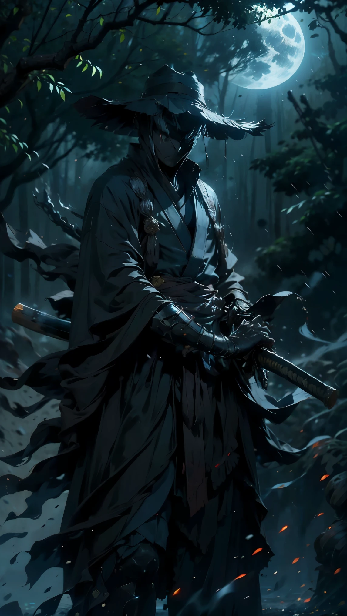 (Best Quality,ultra detailed),dark,wet,artificial raindrops falling,ancient japanese warrior standing in the rain,japanese traditional bamboo hat(fail),dense forest landscape,majestic and serene nature,full moon shining brightly in the night sky,black kimono with fluorescent red stripes that glow in the moonlight,samurai sword sharpened and drawn(katana),