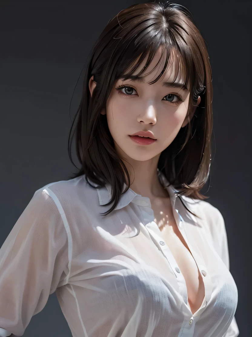 ((masterpiece、highest quality、Super detailed、High resolution、sharp focus、cinematic lighting))、(1 female、middle shot、face light))、30 years old、small face、no makeup、(fine eyes)、detailed beautiful eyes、bangs、dark brown hair、Boyish short-cut hair、(realistic skin)、beautiful skin、(Detailed garment features)、easy costume、open black business shirt、middle chest、cool beauty、Detailed depiction of hands、gray background、Tifa_lock heart