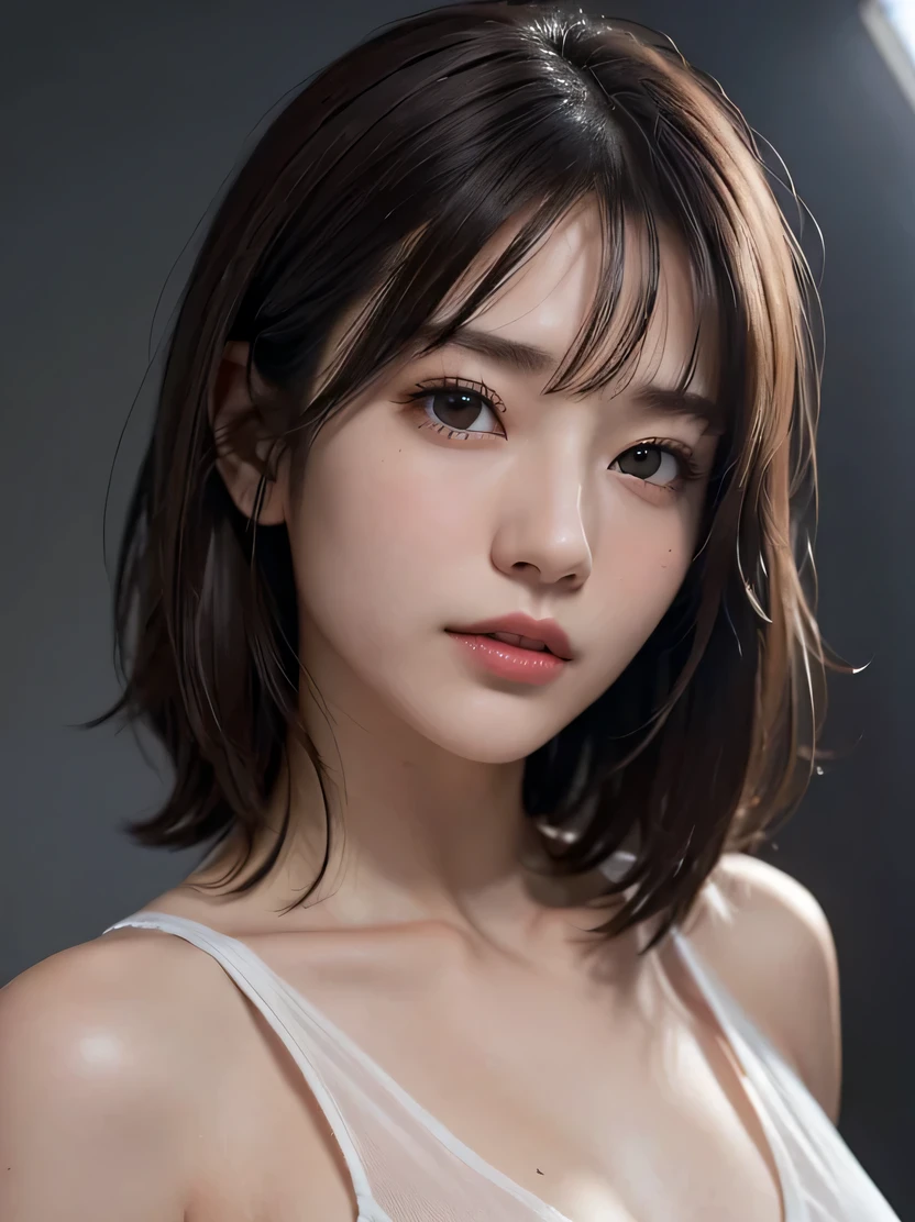 ((masterpiece、highest quality、Super detailed、High resolution、sharp focus、cinematic lighting))、(1 female、middle shot、face light))、30 years old、small face、no makeup、(fine eyes)、detailed beautiful eyes、bangs、dark brown hair、Boyish short-cut hair、(realistic skin)、beautiful skin、(Detailed garment features)、easy costume、open black business shirt、middle chest、cool beauty、Detailed depiction of hands、gray background、Tifa_lock heart