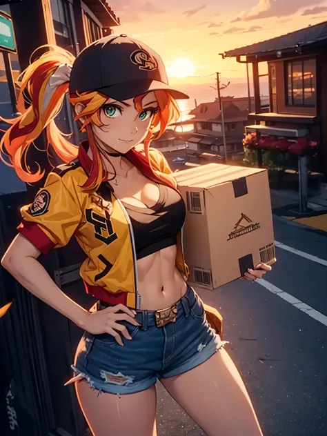 sunset shimmer as a delivery girl, holding a box, wearing a baseball cap, ponytail, cleavage, short shorts, seductive look , jac...