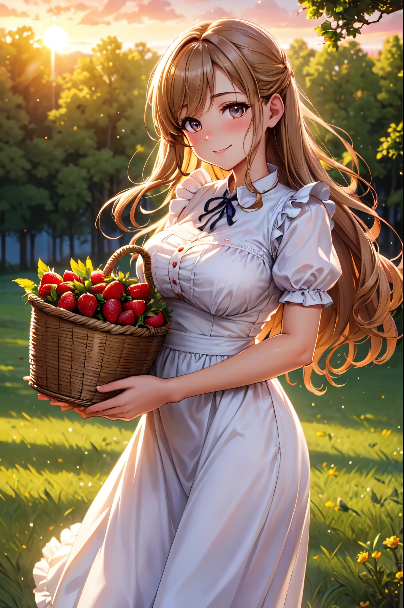 (High quality, High resolution, Fine details), Victorian maid, vintage dress, BREAK holding a basket of strawberries, BREAK meadow, golden sunset light, romantic atmosphere, Standing, solo, curvy women, Curly light brown hair, sparkling eyes, (Detailed eyes:1.2), smile, blush, Sweat, Oily skin, shallow depth of field

